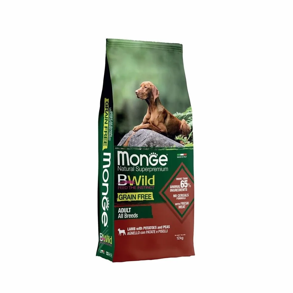 Monge Cane Crocchette Bwild Adult Agnello Patate e Piselli 12Kg Grain Free