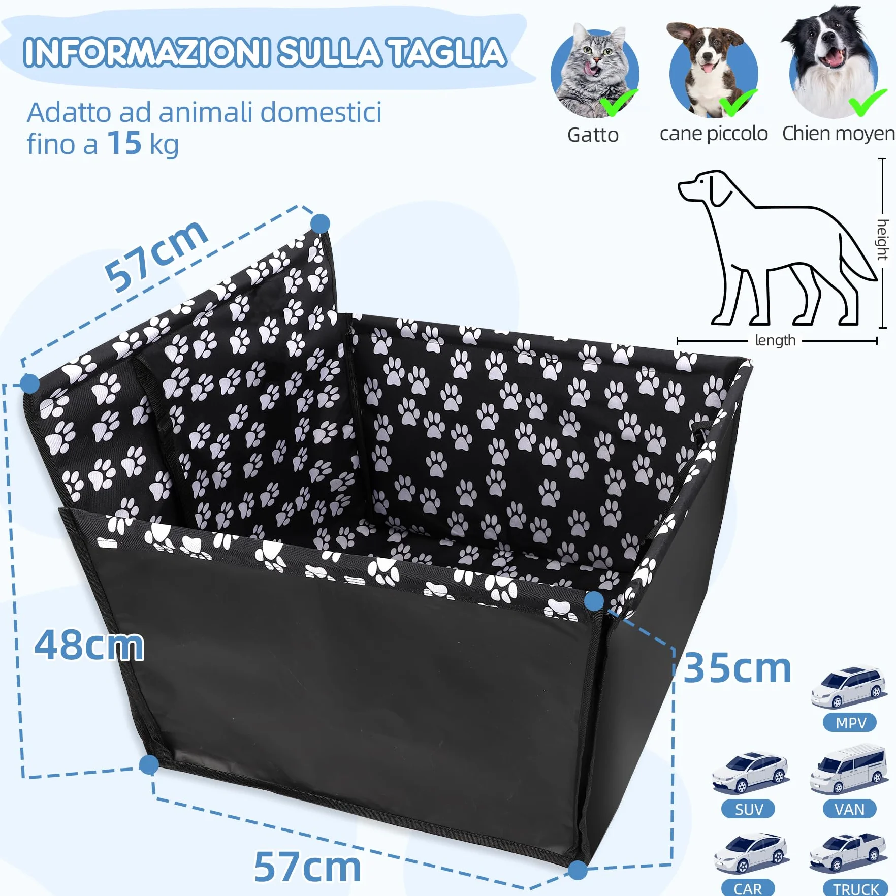 Seggiolino Auto Cane 3 in 1 Rialzato Pieghevole Impermeabile con Cintura di Sicurezza 68x57x33 cm