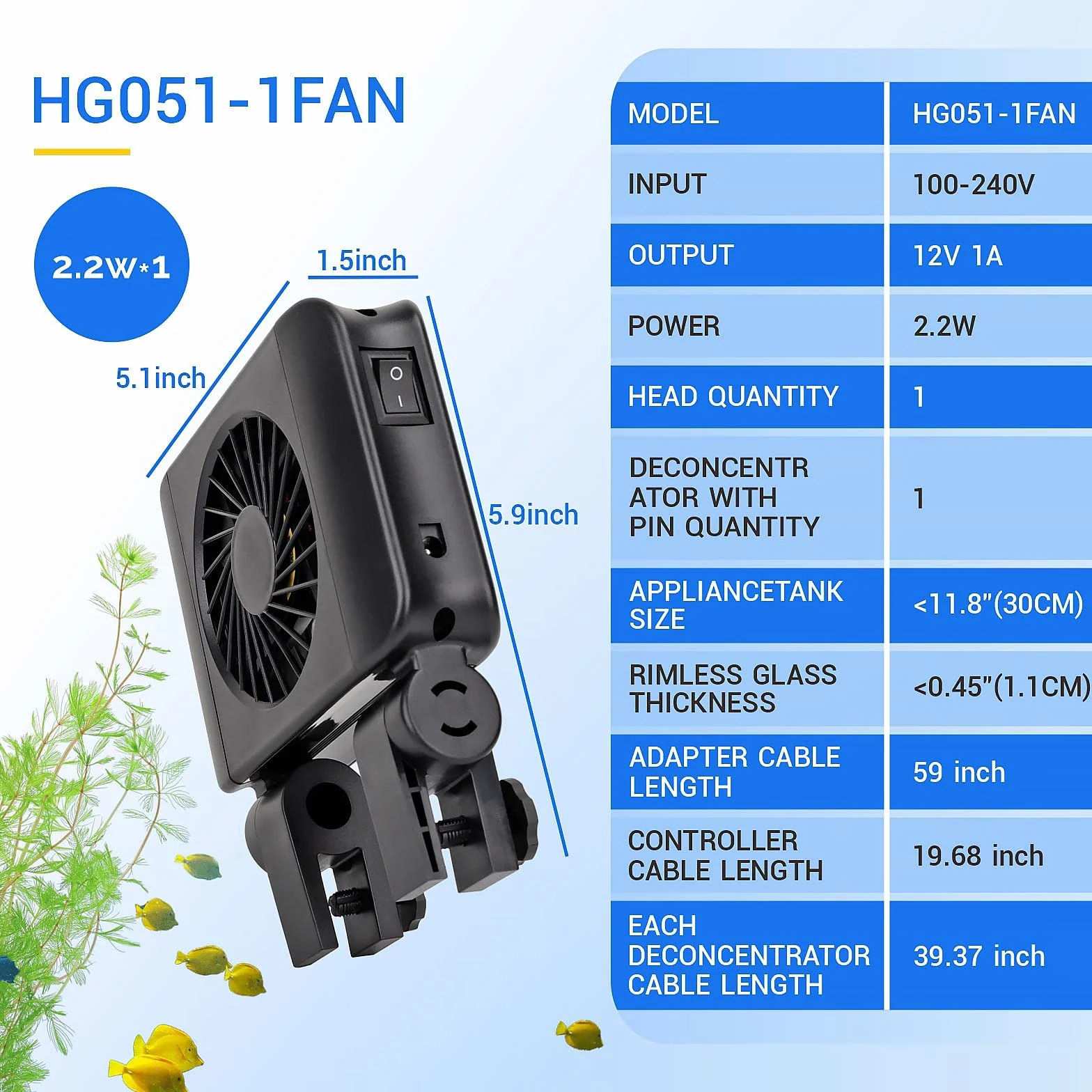 hygger Ventilatore per Acquario, Ventole di Raffreddamento per Acquario con Regolazione della velocità Regolabile, Adatto per Piscine Acqua Dolce Fino a 30cm (1 Ventole)