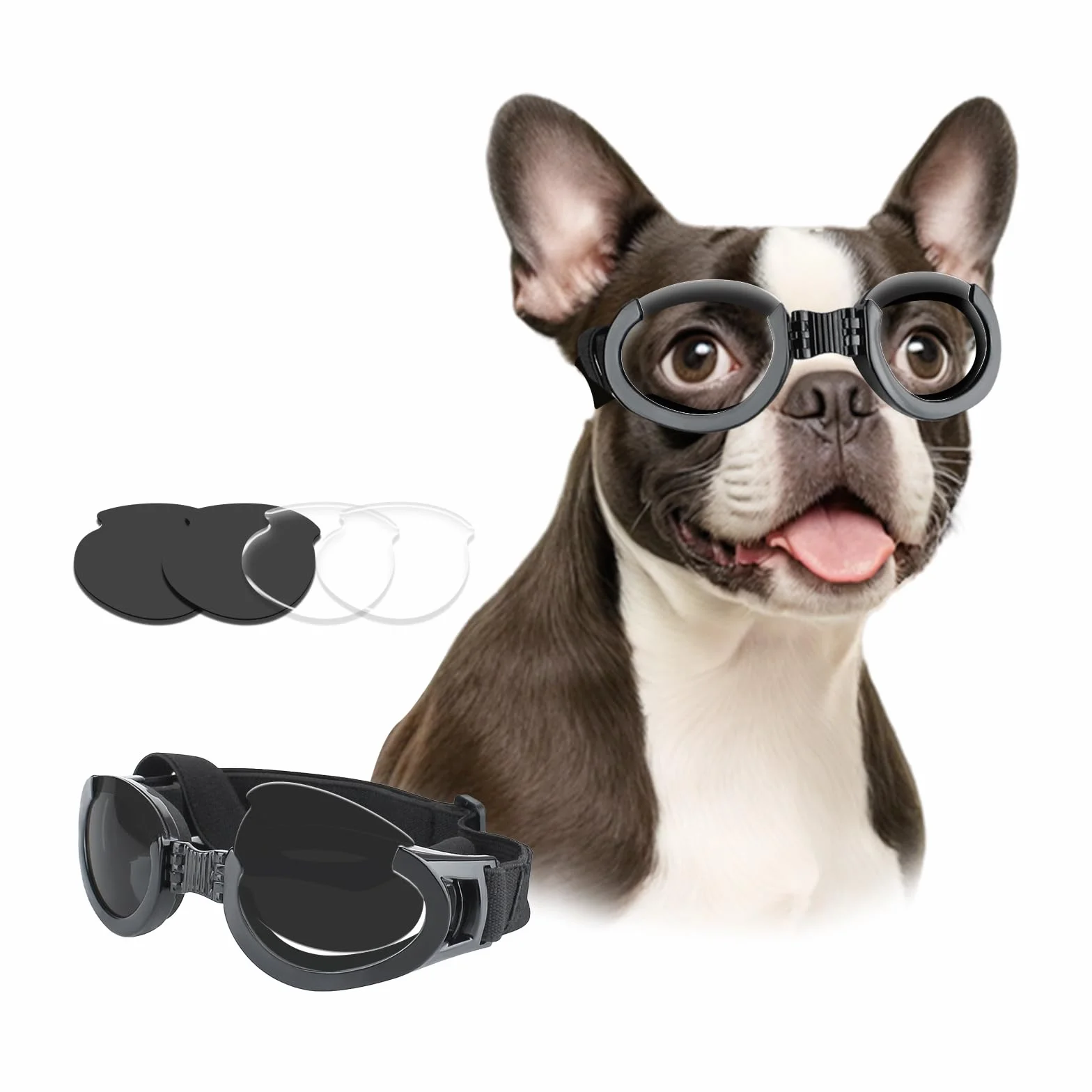 Occhiali da sole per cani resistenti ai raggi UV, con lenti intercambiabili, per cani di piccola e media taglia, equitazione/guida/viaggio all'aperto