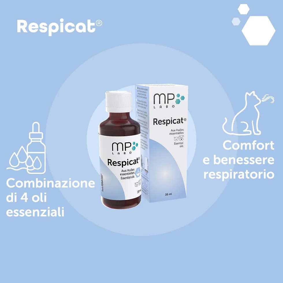 MP Labo Respicat® 30 ml - con Oli Essenziali - Modificatore dell'ambiente respiratorio nell'habitat degli Animali Domestici - Cani e Gatti