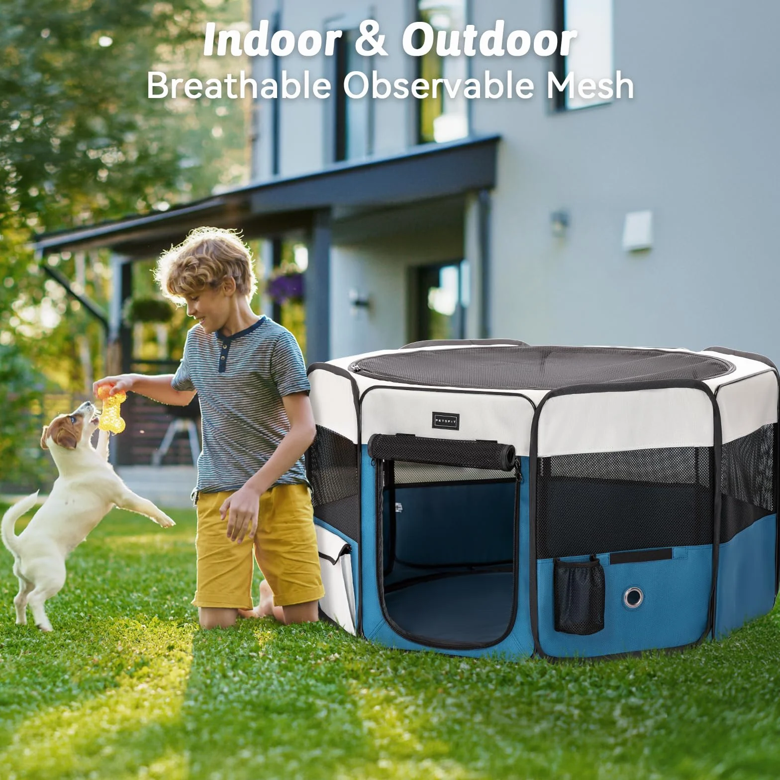 PETSFIT Recinto per Gatti Pieghevole e Portatile, Pavimento impermeabile in Tessuto, Grigio e Blu, 75x68x42CM
