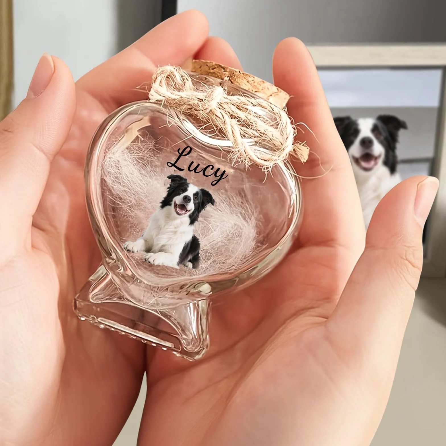 Barattolo di Vetro a Forma di Cuore Personalizzato per Animali Domestici, con Foto e Nome Personalizzabili. può Contenere Ceneri o Pelo. Regalo commemorativo per Animali Domestici (Heart)