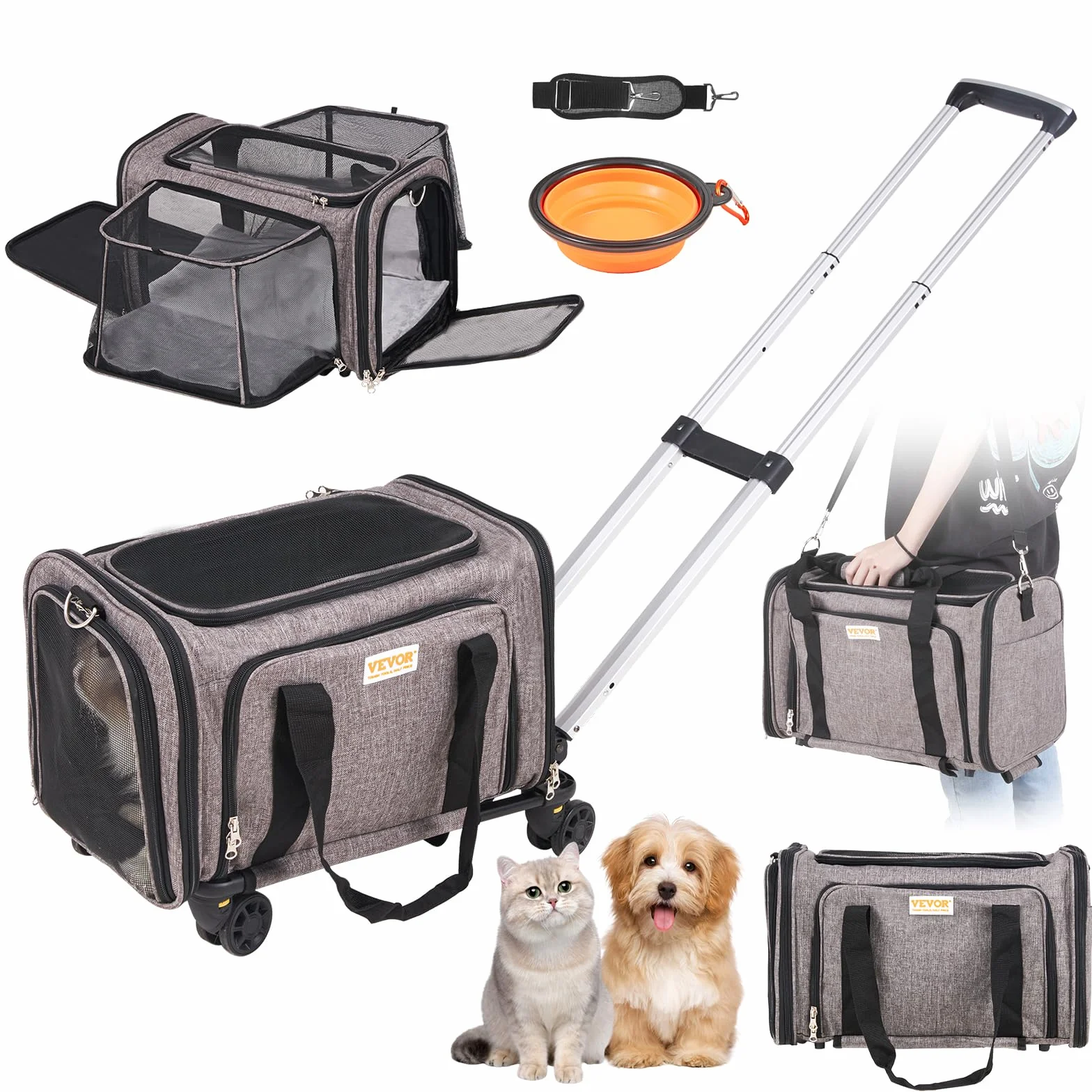 VEVOR Trasportino per Cani e Gatti Approvato dalla Compagnia Aerea, Carico Massimo 11,3 kg Borsa per Animali Domestici con Maniglia Telescopica con Ruote, Tessuto Oxford 600D, Cerniera Autobloccante