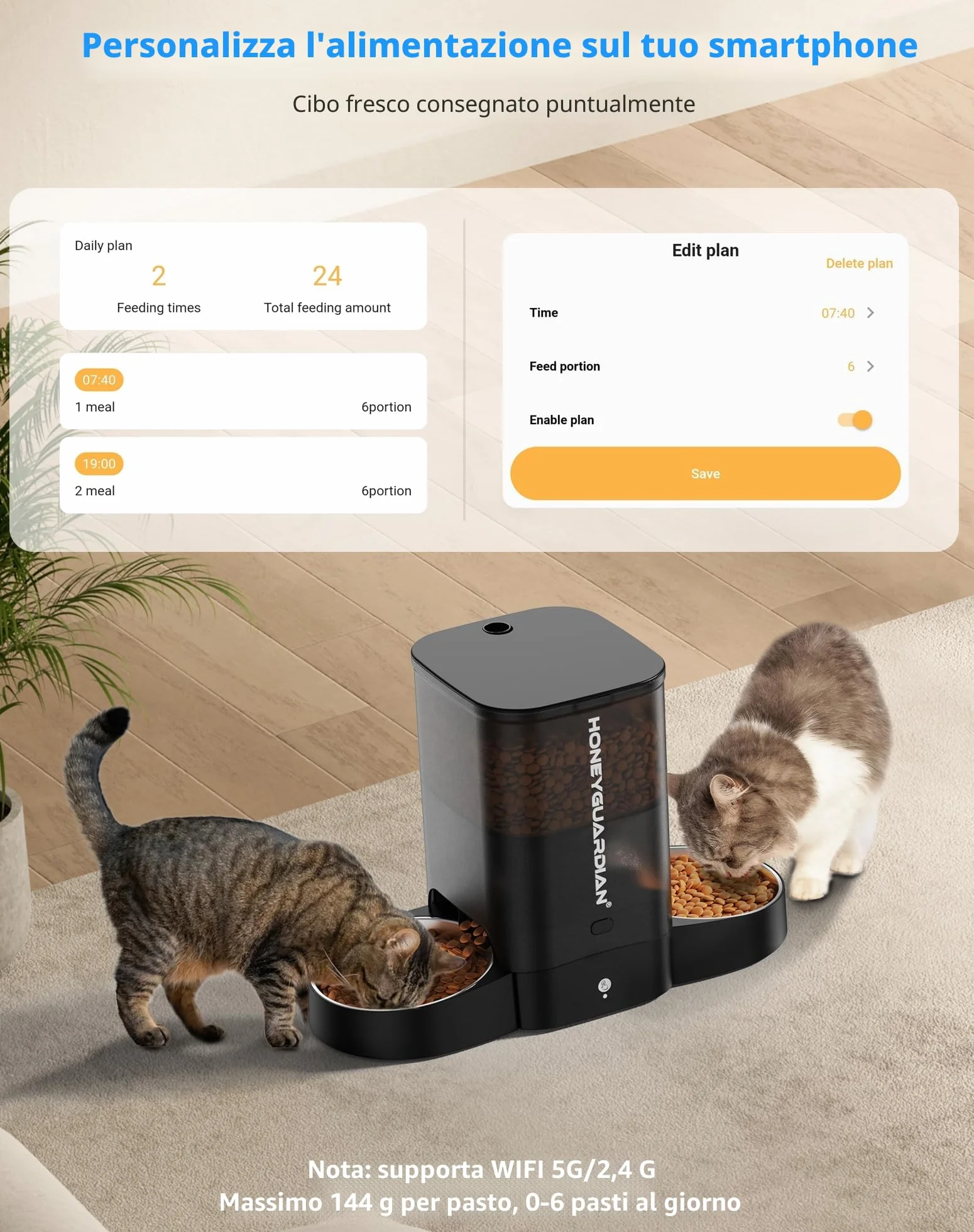 HoneyGuaridan 5L Distributore Automatico Cibo Gatti Adatto a Due Gatti, Dispenser Crocchette Gatto Con 2.4G/5G WiFi, Programmabile 6 Pasti al Giorno, Registrazione Vocale 10s, Doppia Alimentazione