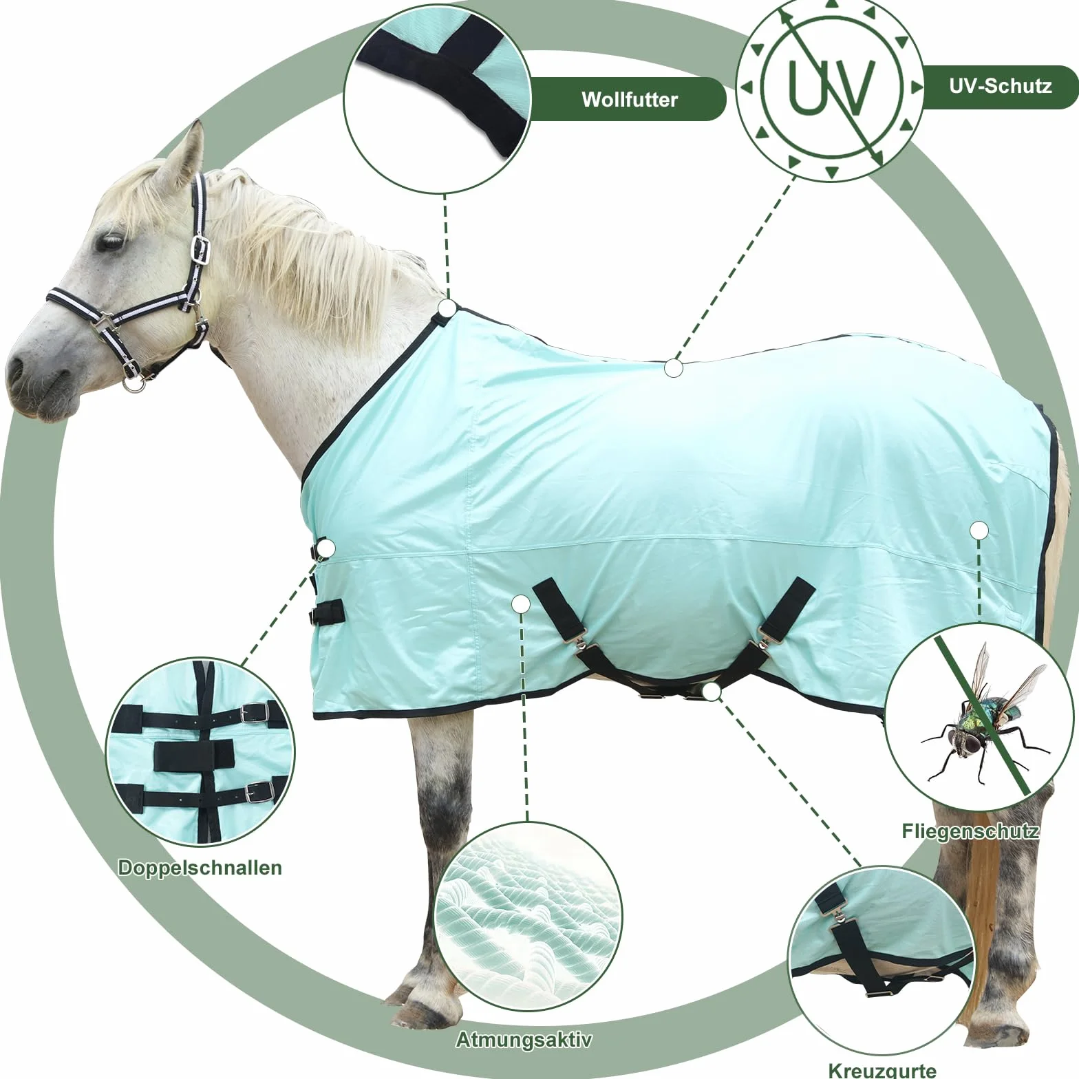 Coperta anti-insetti per cavalli, coperta estiva traspirante con protezione UV e antigraffio, con chiusura pettorale regolabile, tracolla a croce e lacci per le gambe Verde 120 cm