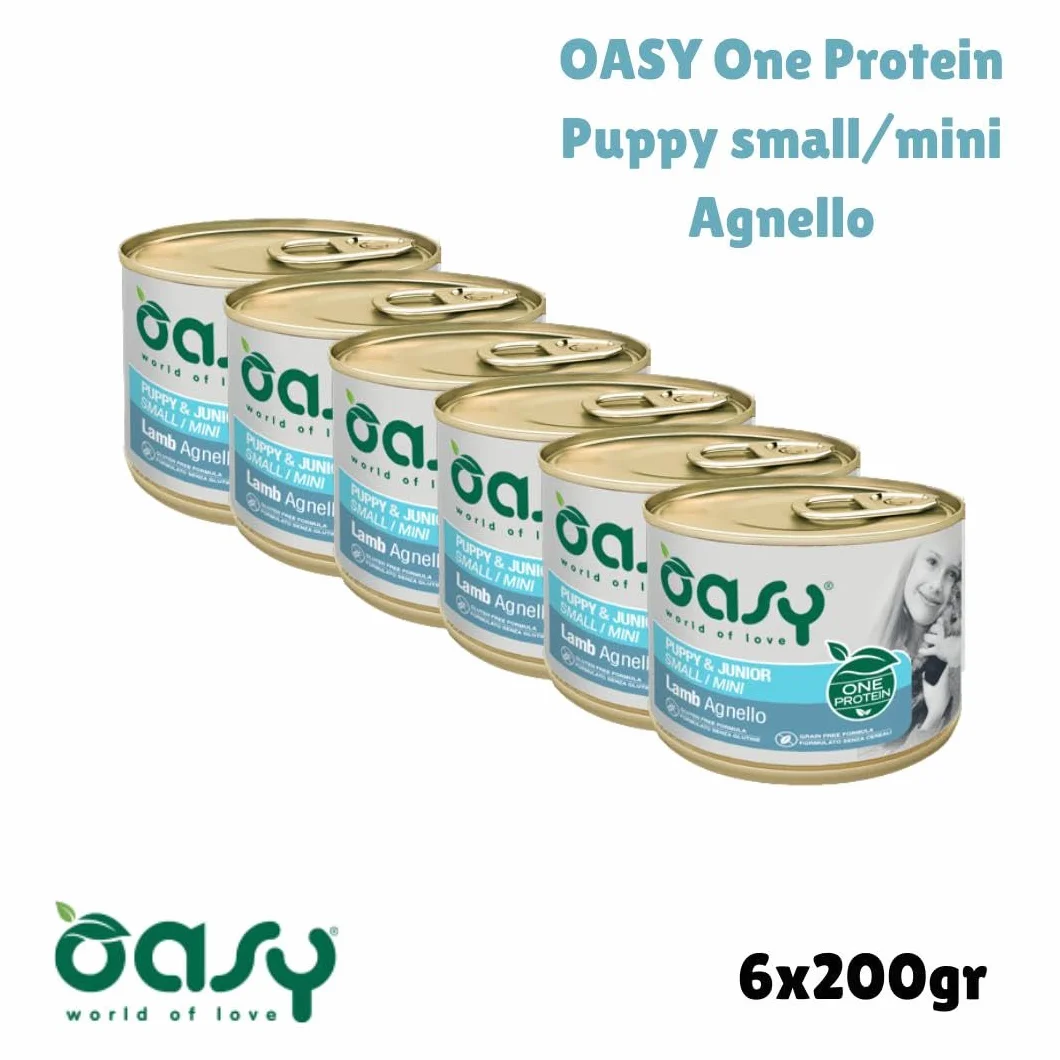 Oasy umido cane puppy monoproteico, alimento completo per cani cuccioli di taglia piccola (small) gusto AGNELLO | 6 scatolette da 200 grammi l’una.