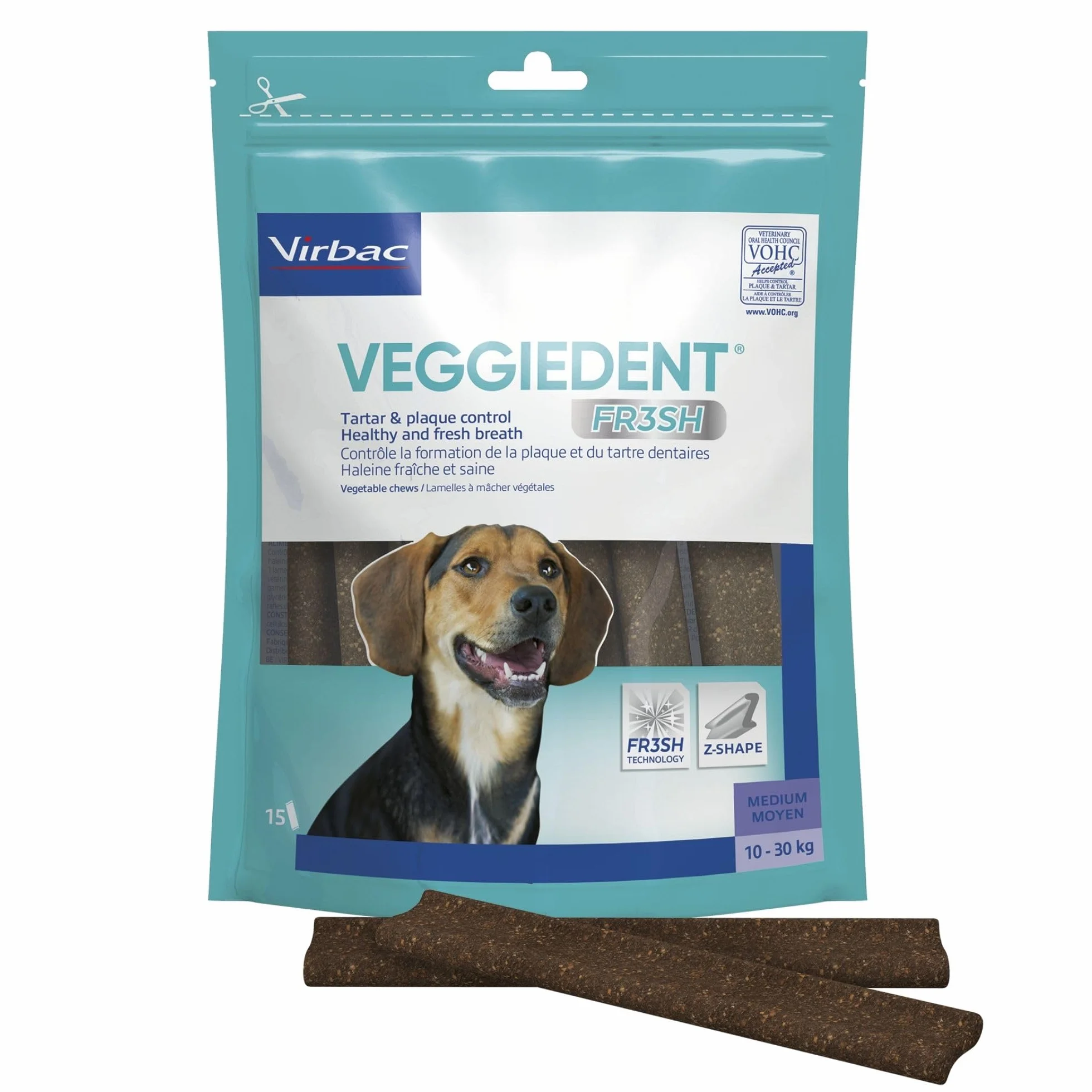 Virbac VeggieDent M - Strisce da masticare per cani di taglia media (da 10 a 30 kg), 3 x 15 strisce