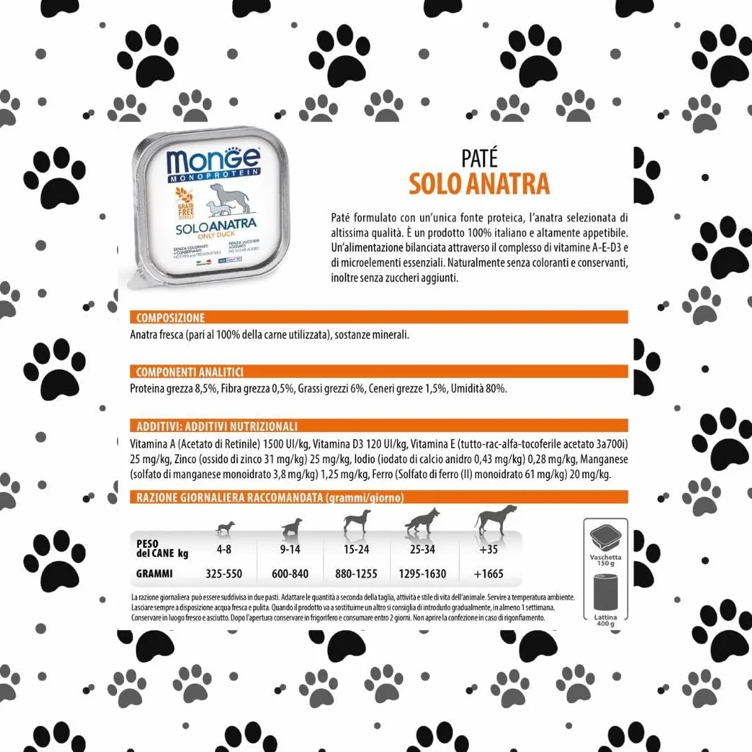 Monge Monoprotein umido cane gusto SOLO ANATRA formula grainfree | 12 vaschette da 150 grammi l'una.