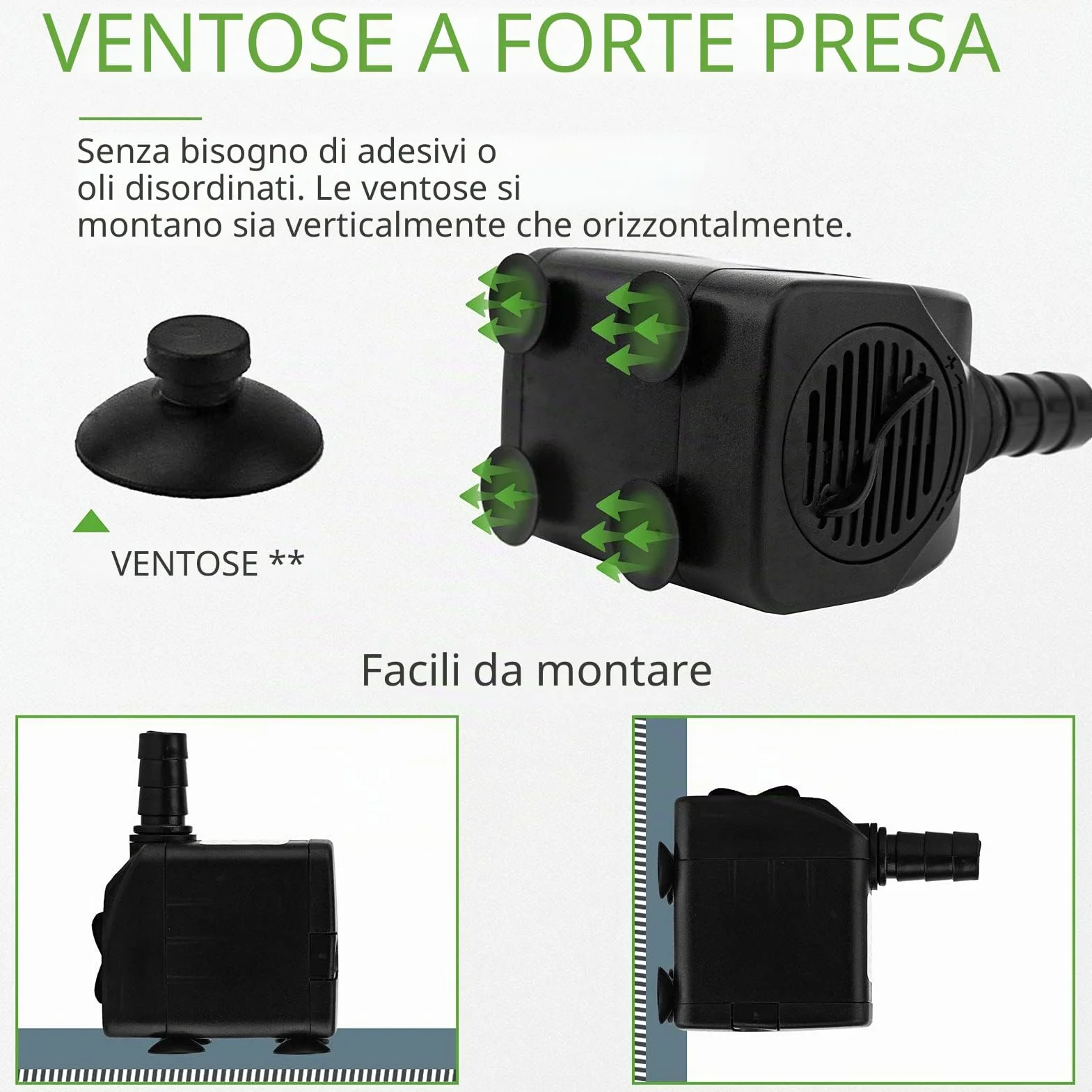 Mini pompa dell'acqua (600 L/H, 10 W), per acquario ultra silenziosa con sollevamento, per fontane, con cavo di alimentazione da 1,5 m, 2 ugelli, per statue, idroponica