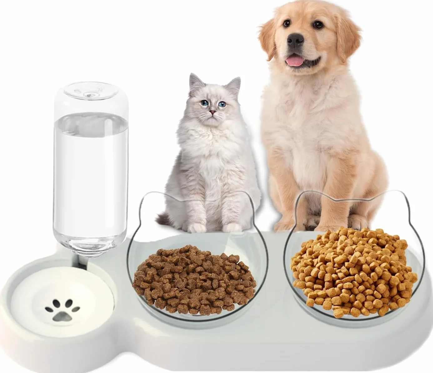 Set di ciotole 3 in 1 per gatti, doppia ciotola con erogatore d'acqua, ciotola per cibo per gatti e cani di piccola taglia (fondo grigio, ciotola trasparente)