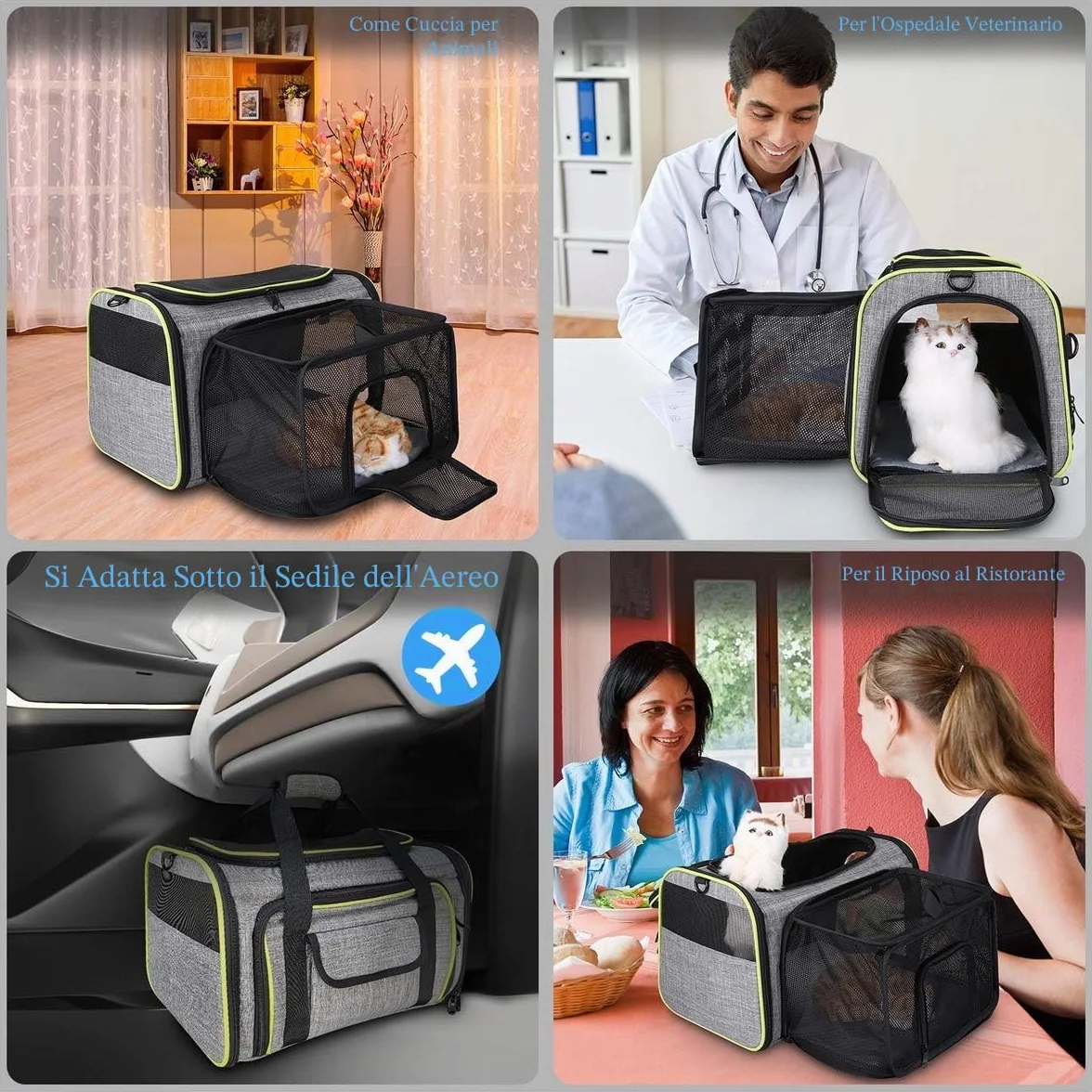 Trasportino per Cani e Gatti, Borsa da Viaggio Pieghevole Trasportino Morbido con Tappetino in pile, Espandibile Pet Carrier per Cani, Borsa a Tracolla Morbido da Viaggio in Treno e Aereo