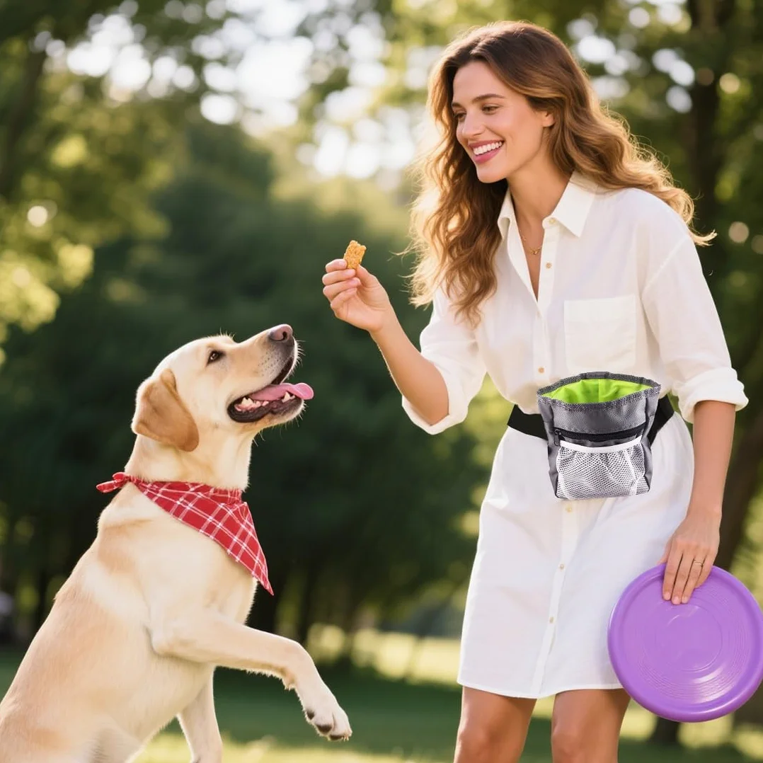 Borsa Premietti Multifunzione per Cane, Borsa in Nylon Oxford con 3 Modi d'Uso (Anca, Cintura, a Tracolla), Facile da Pulire, Grigio, 18x14x6cm, con Tasca per Sacchetti della Cacca
