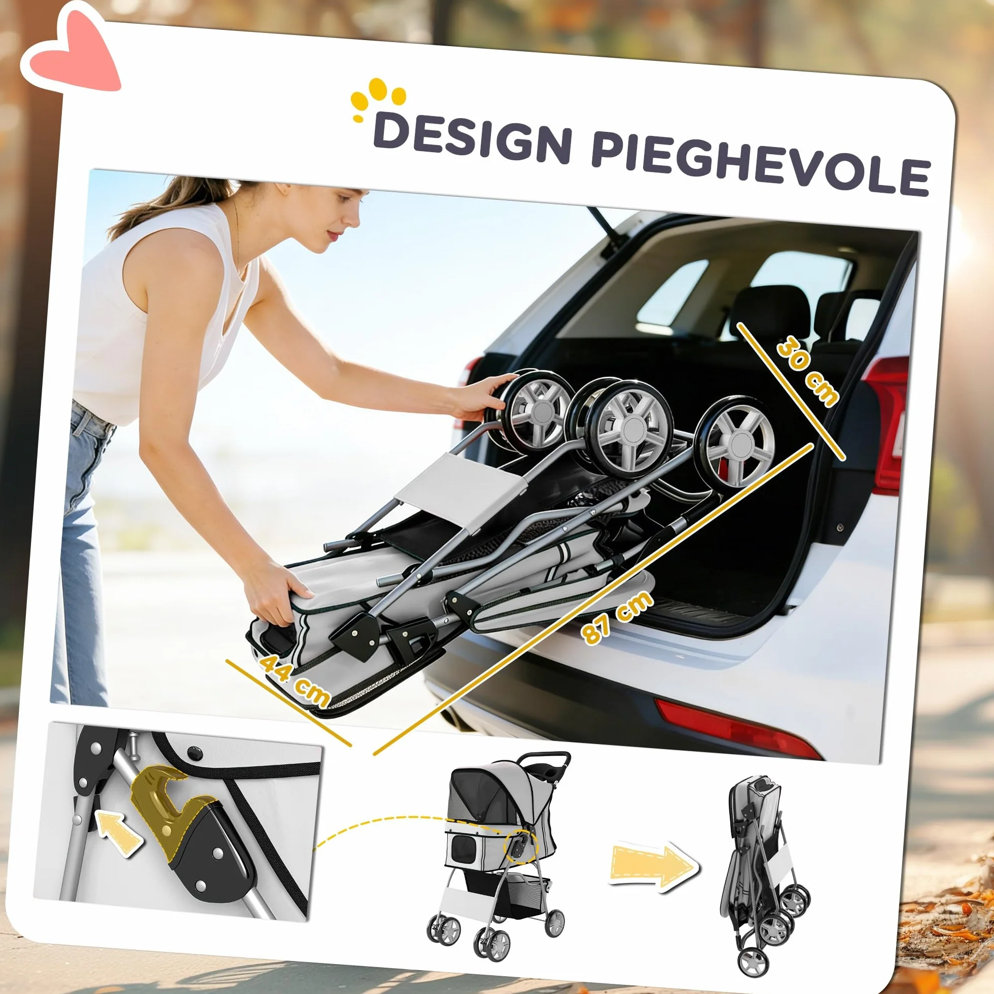 PawHut Passeggino per Cani Pieghevole Carrello per Animali Domestici Carrello Carrozzina Grigio 75 x 45 x 97cm