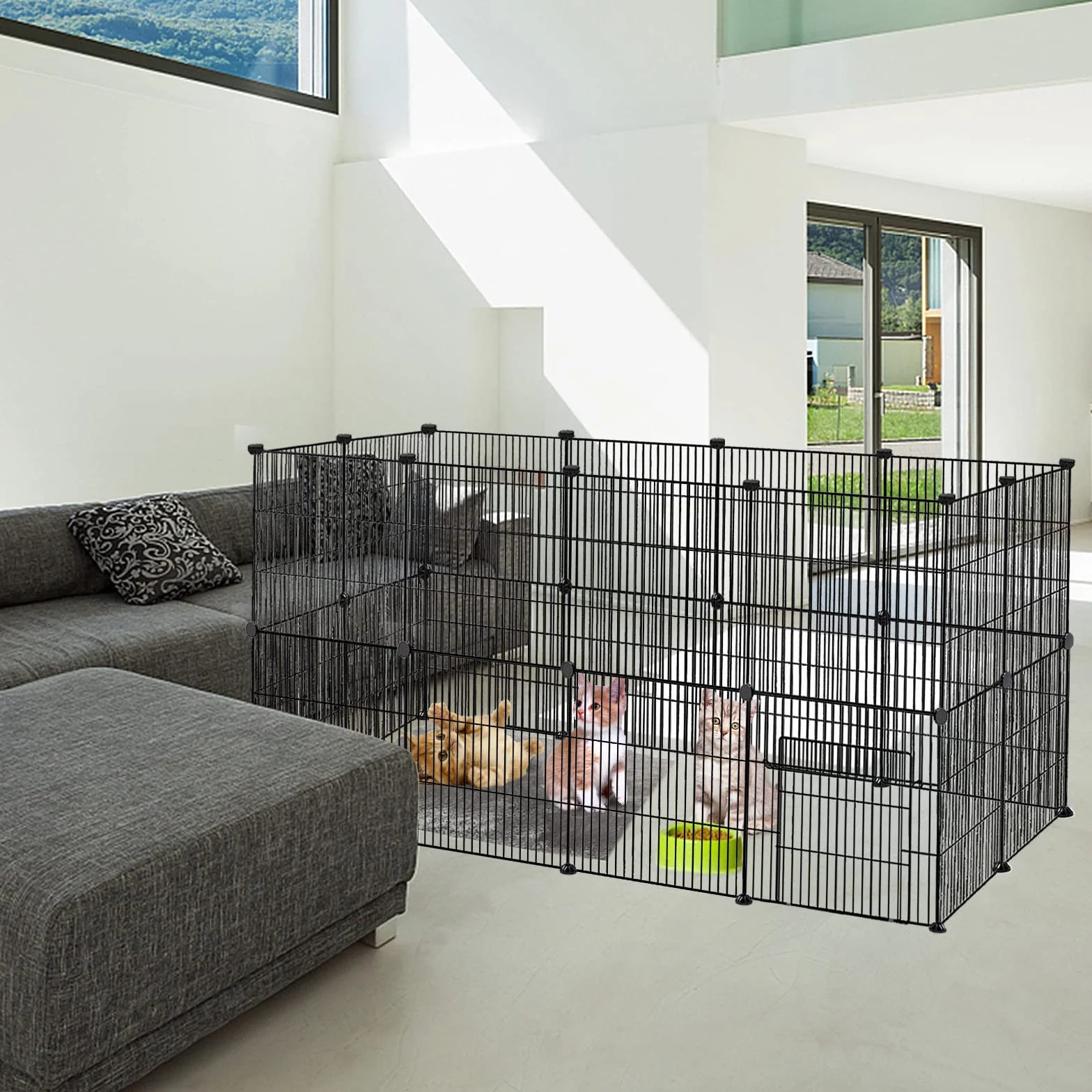 Froadp Recinzione per Animali Domestici Conigli da Esterno 142x72x72cm in Metallo 24 Pezzi Recinto a Griglia con Porta per Cavie, Animali da Compagnia, Gabbia per Cuccioli, Hamster (Nero)