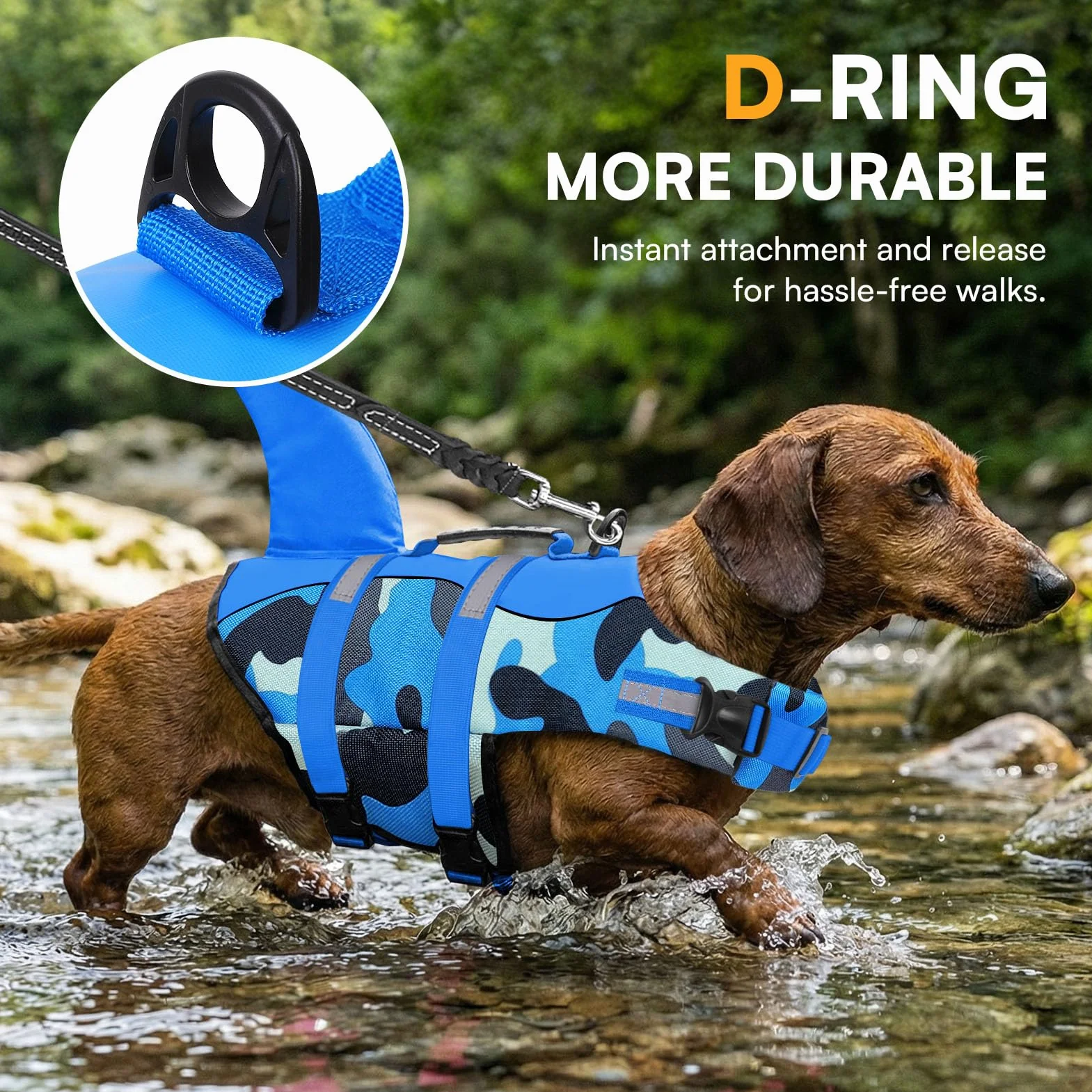 Queenmore Giubbotto di salvataggio per cani in ripstop con squalo, regolabile, elevata galleggiabilità, manico di salvataggio, per cani piccola media grande, blu mimetico