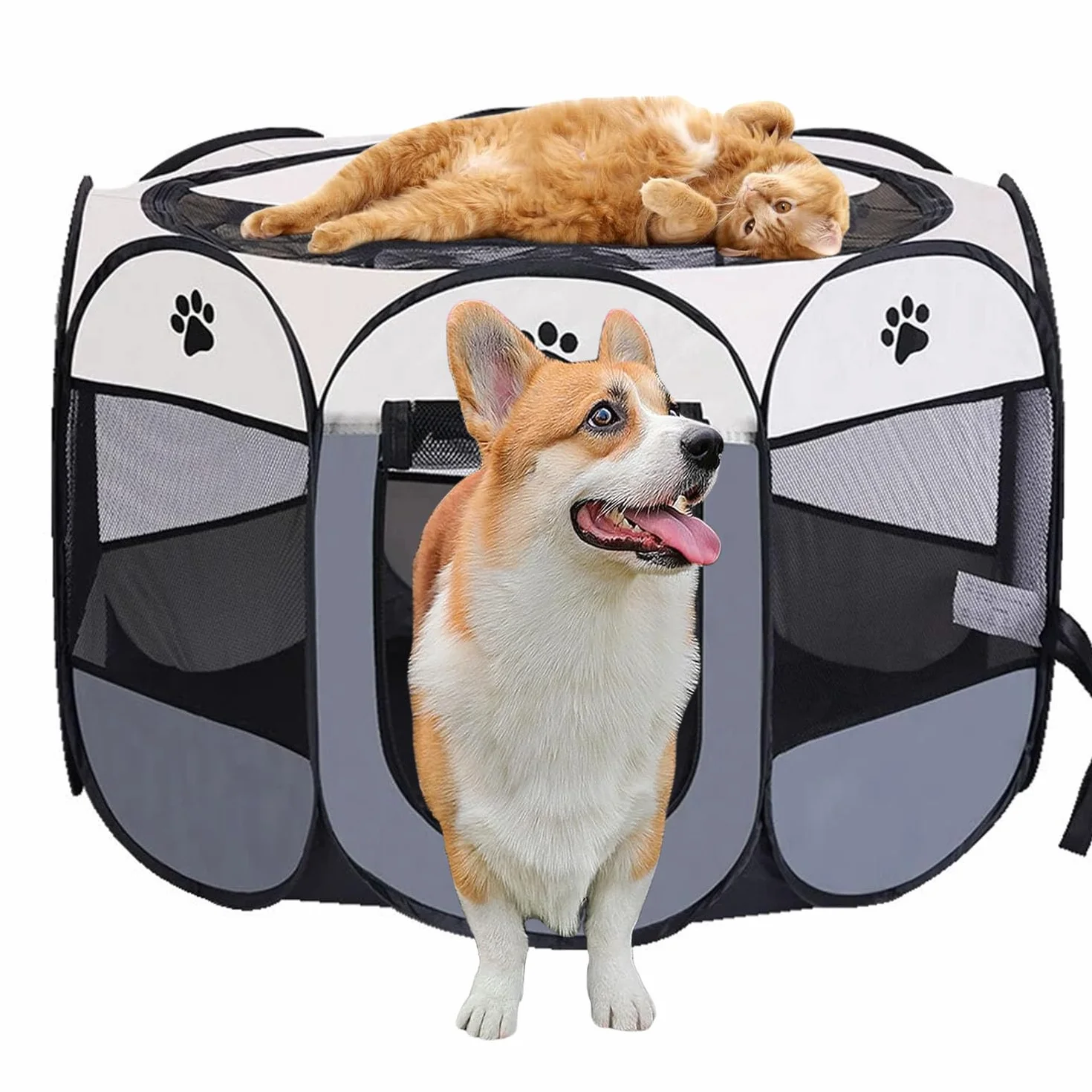 Beccucciolo portatile, 114 x 114 x 58 cm, pieghevole, per casa, cuccioli, telo impermeabile Oxford per cani, gatti, conigli (grigio)
