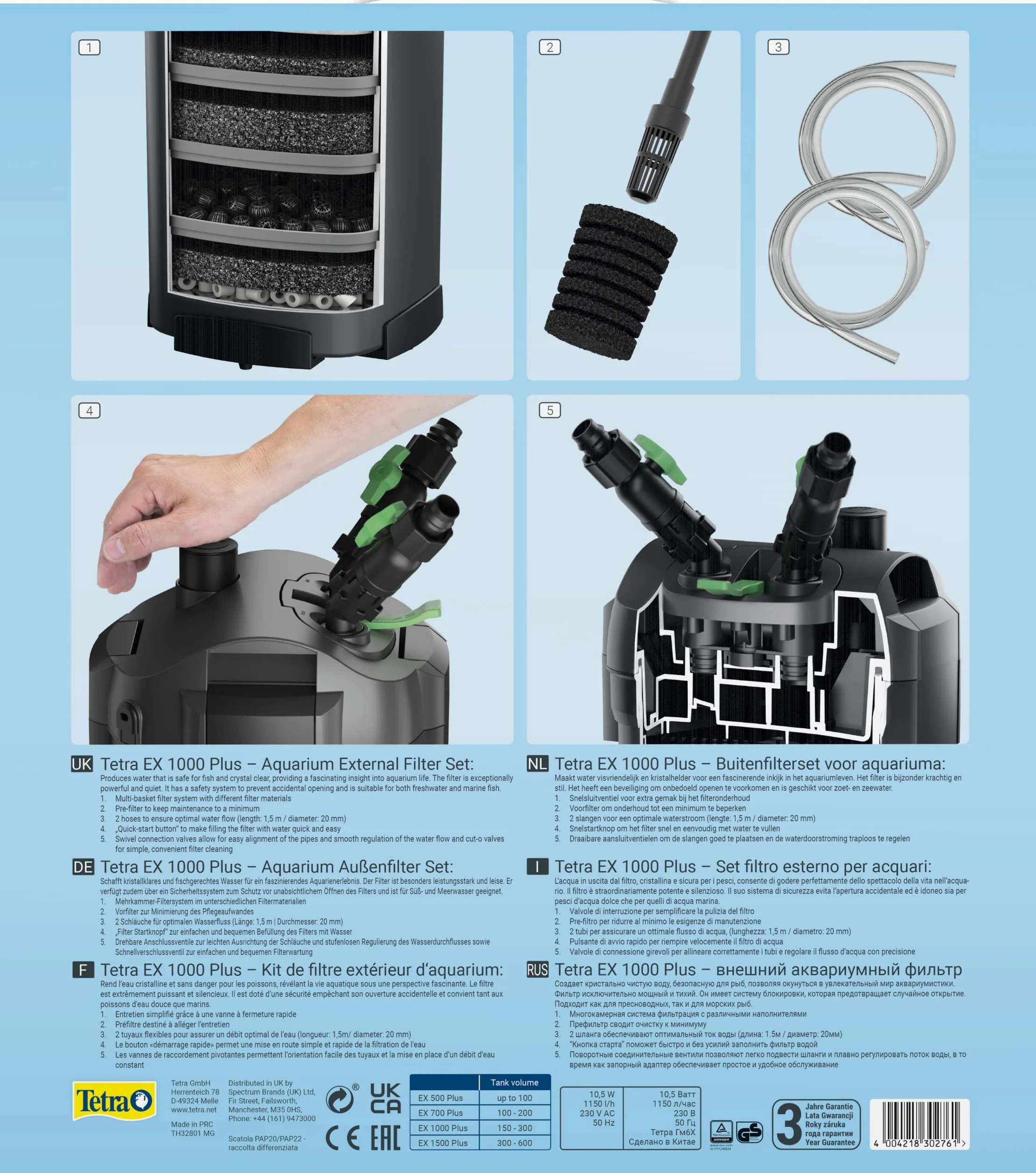 Tetra EX 1000 Plus Set filtro esterno completo, da 100 a 300 litri, silenzioso e a risparmio energetico
