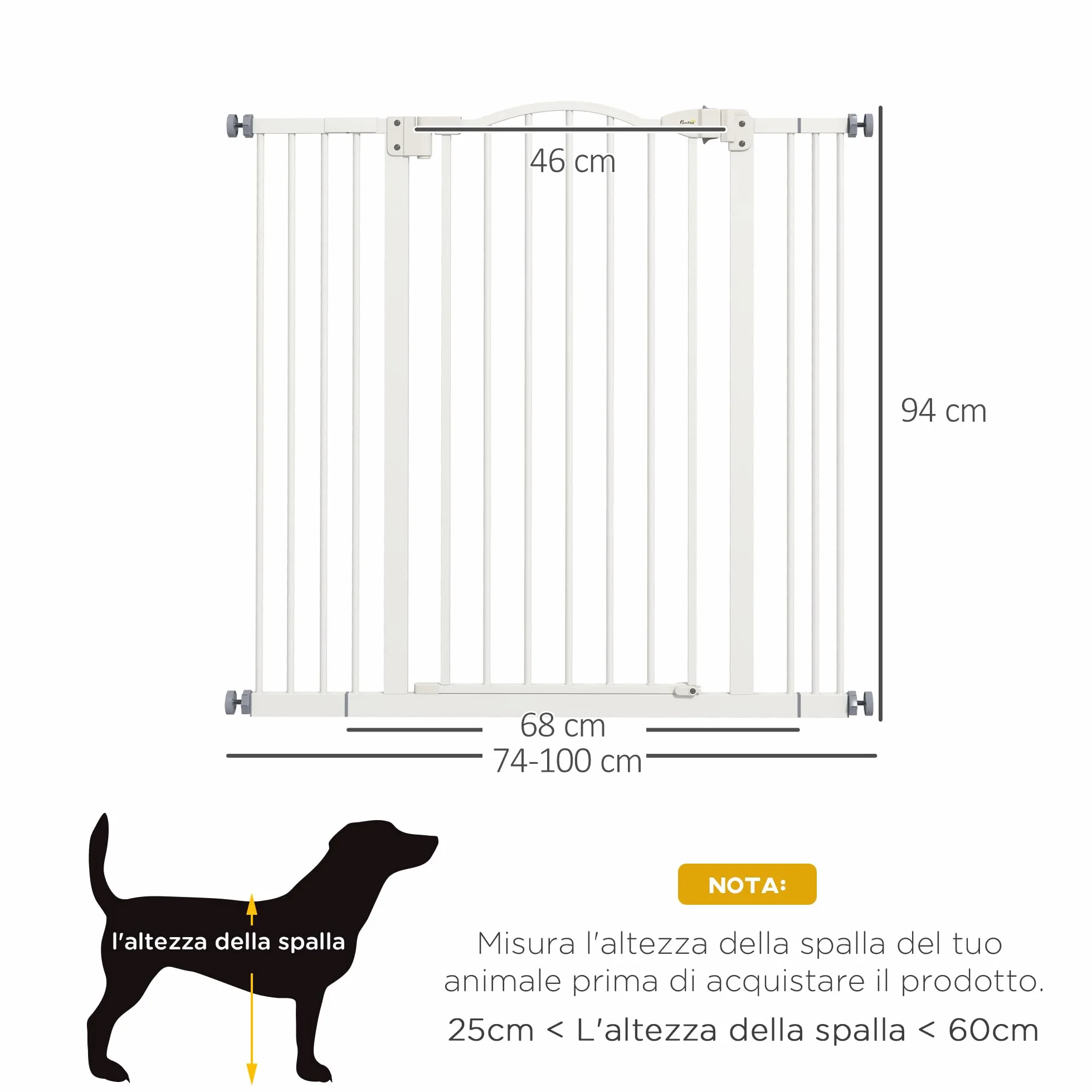 PawHut Cancelletto di Sicurezza per Cani, Barriera Estensibile 74-100 cm, Doppio Blocco, Chiusura Automatica, Bianco