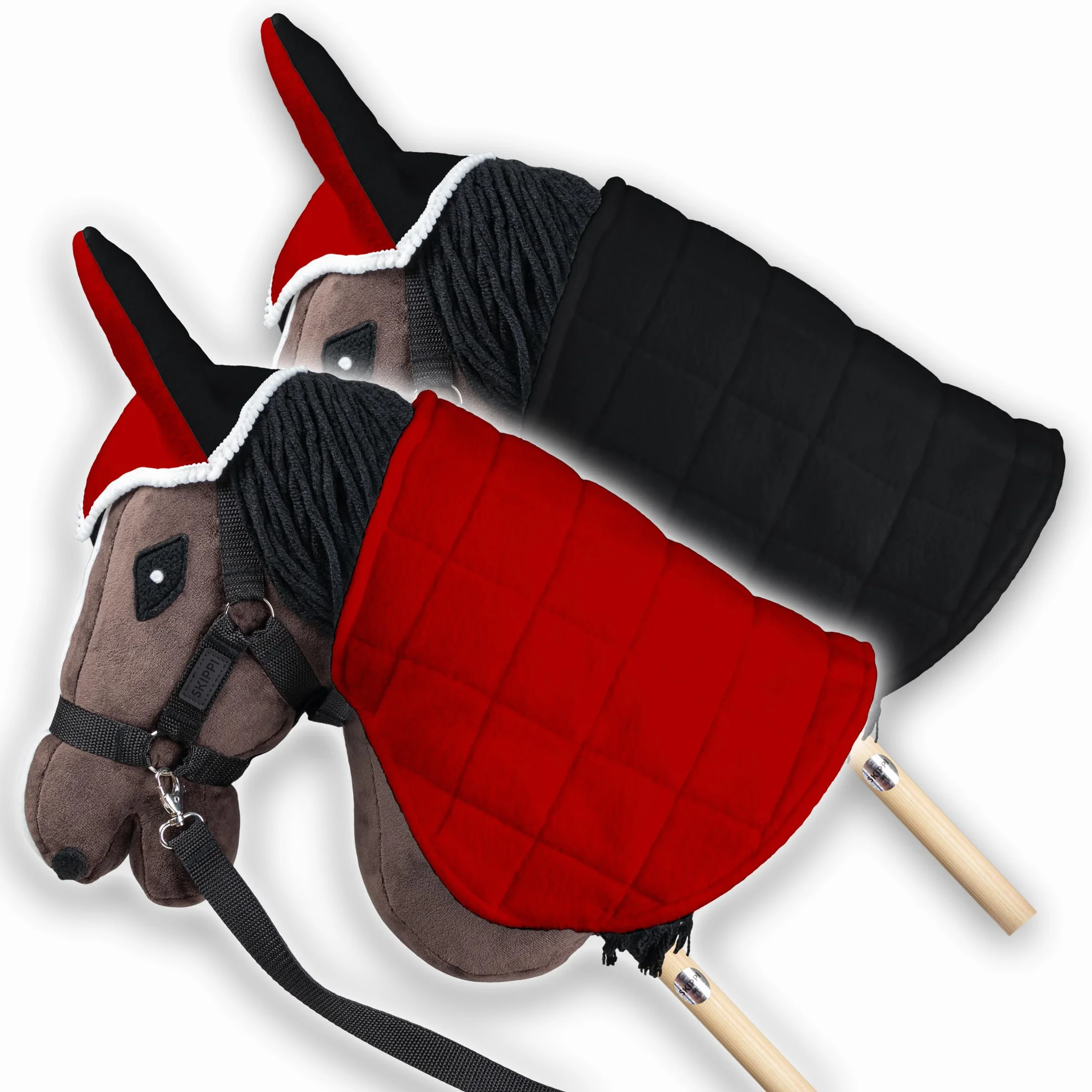 SKIPPI Coperta e Cuffietta per Hobby Horse - Rosso e Nero, Reversibile Hobby Horse Accessori, Cuffia Bicolore e Coperta Antimosche per Cavallo con Bastone