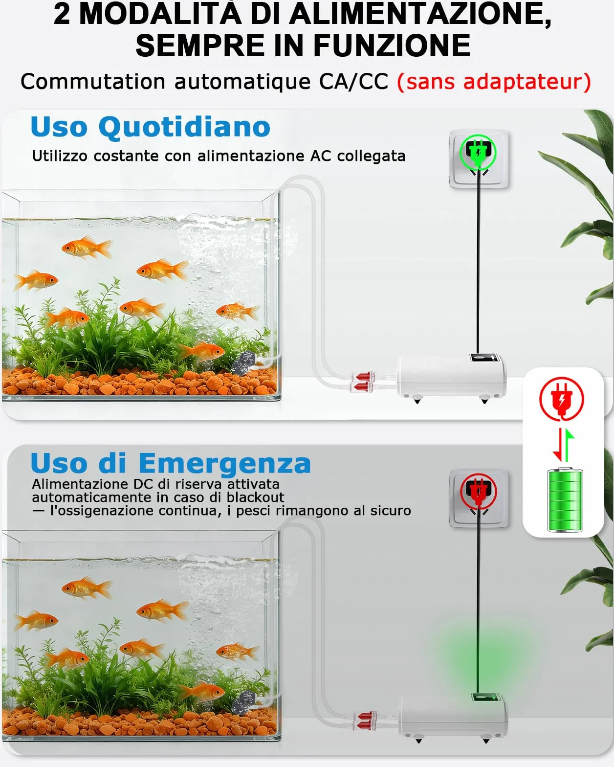 Aeratore Acquario, Pompa Acquario Portatile Ossigenatore Per Acquario USB gorgogliatore 2600mAh, due modi di alimentazione del gorgogliatore 1.5-2L/min*2
