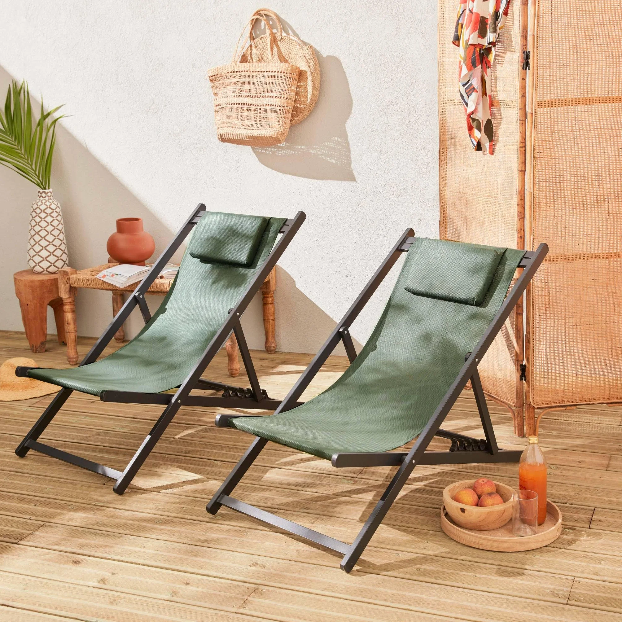 Set 2 sedie sdraio in alluminio textilene multiposizione Verde kaki - 99x88.5x58 cm