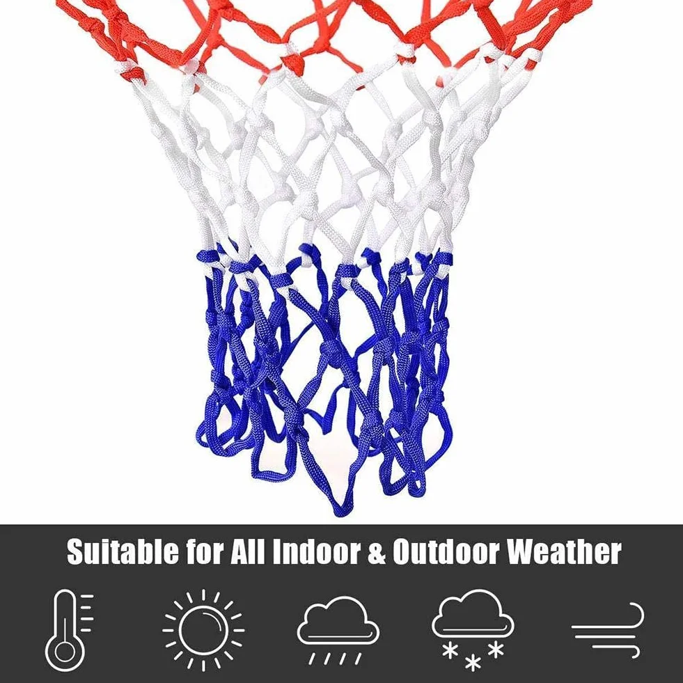 Rete di ricambio per canestro da basket in nylon intrecciato rosso/bianco/blu tricolore, 12 passanti