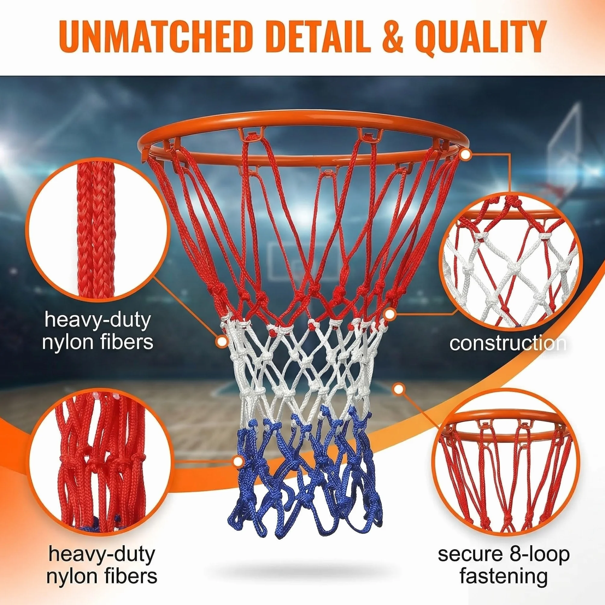 Basketball Net Replacement 4 Pack for 8-10 Inch Baskets 8 Loops Indoor Outdoor