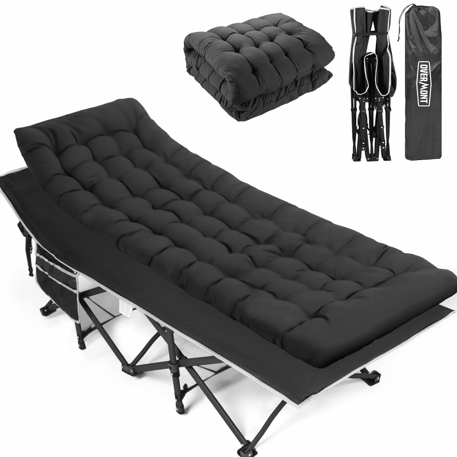 OVERMONT Lettino da Campeggio Brandina Pieghevole - Letto Pieghevole Portatile Singolo con Materasso - XL Caricabile Fino 250 kg - con Tasca Laterale per Esterni Viaggi Spiaggia Giardino Ufficio
