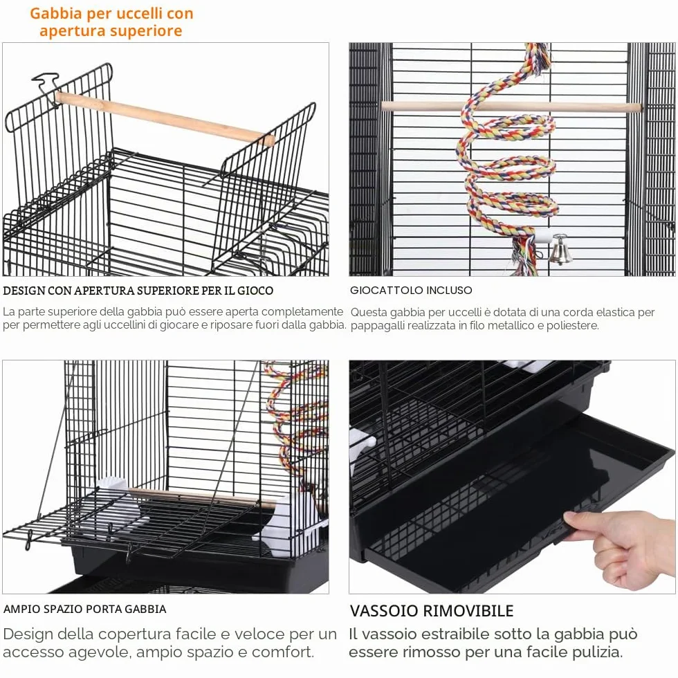 Yaheetech Gabbia per Uccelli Pappagalli Inseparabili Voliera in Metallo con Tetto Apribile Posatoio in Legno e Giocattolo 40 x 40 x 58 cm Nero