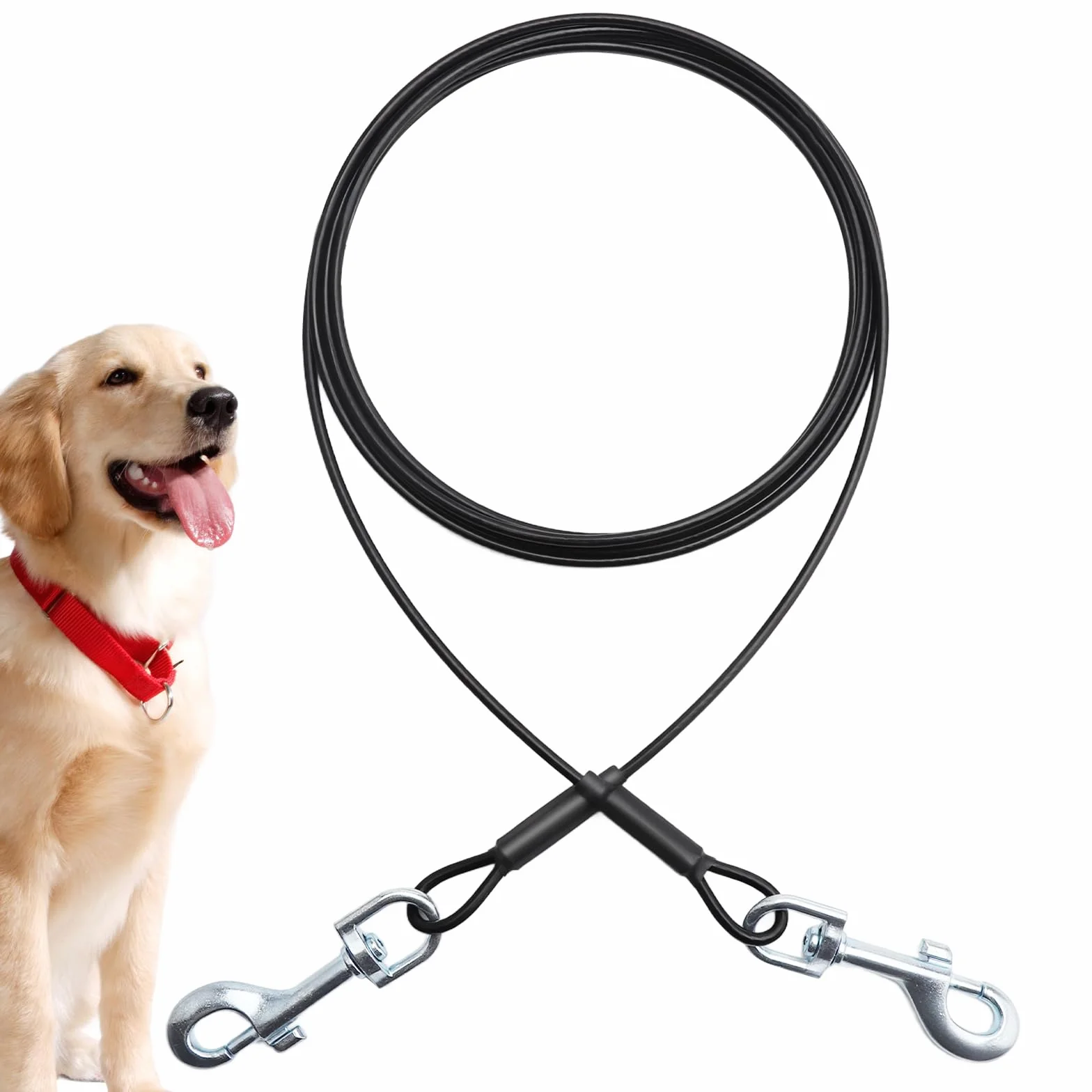 VOSSOT Guinzaglio per Cani 3m, Guinzaglio Resistente ai Morsi in Acciaio, Catena per Cani Piccoli, Guinzaglio da e Campeggio Anti Attorcigliamento per Passeggiate,Giardino,Campeggio (Nero, 3m)