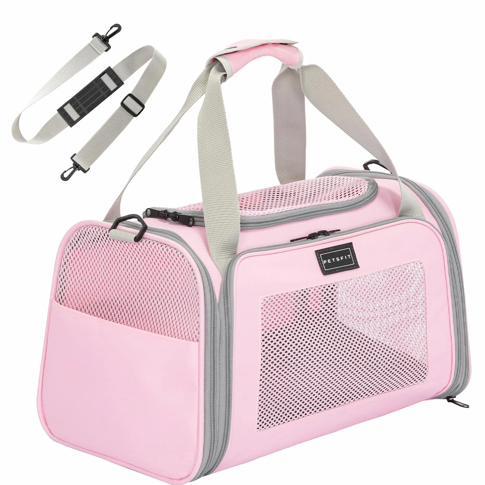 PETSFIT Borsa per gatti con tappetino estensibile, approvato dalle compagnie aeree, trasportino per gatti e cuccioli fino a 5,4 kg (44 x 26,5 x 27 cm, rosa)