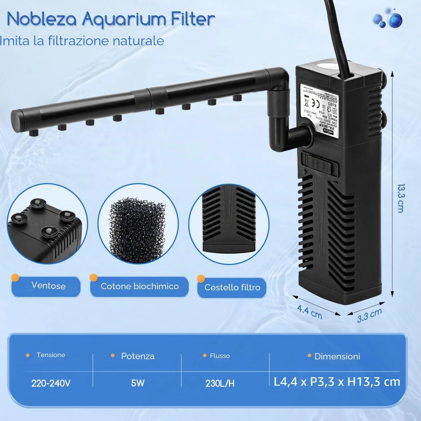 Nobleza Filtro Interno per Acquario 5W 230L/H Silenzioso Potente 20-50 Litri