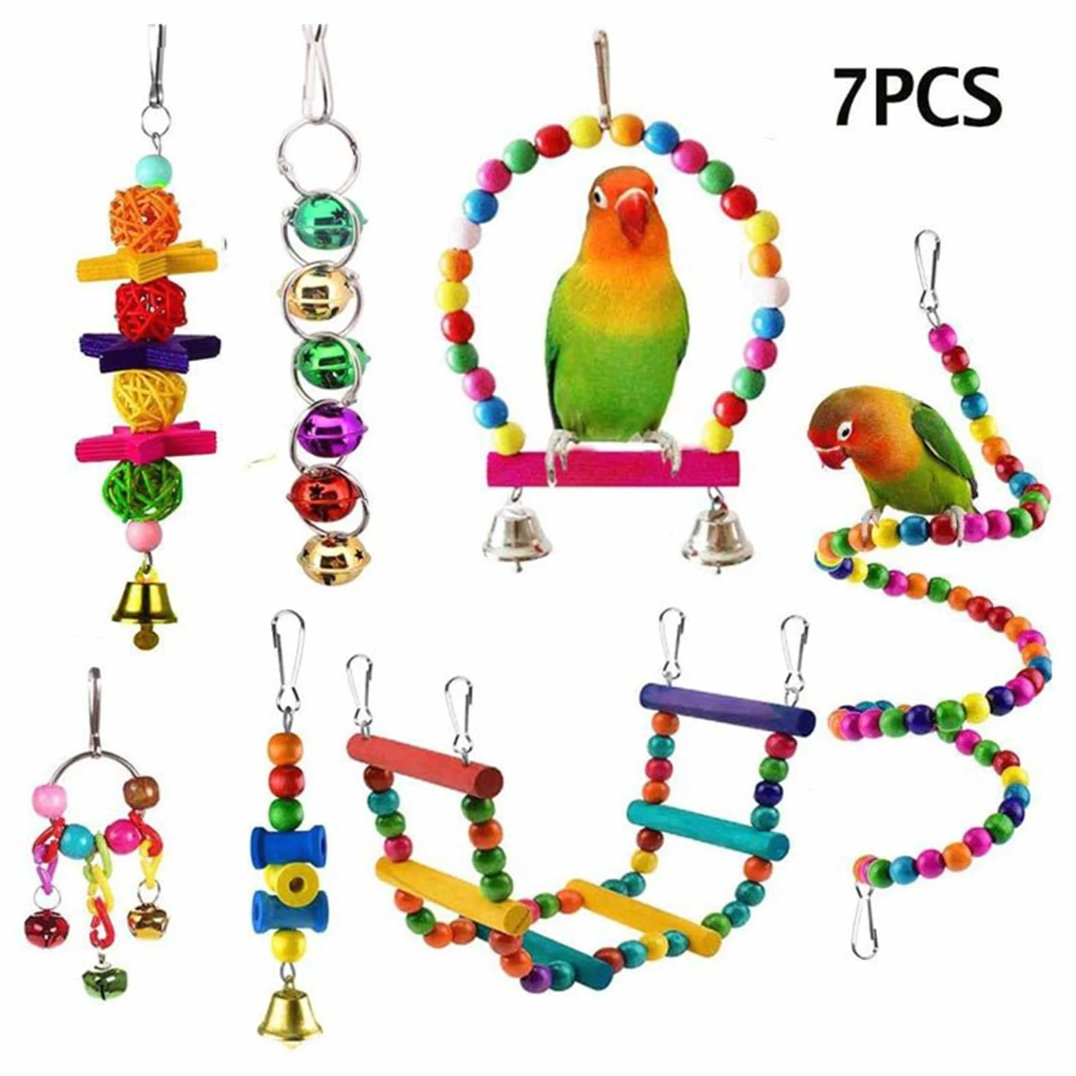 Giocattoli Assortiti per Pappagalli Set da 7 Pezzi in Legno Colorati