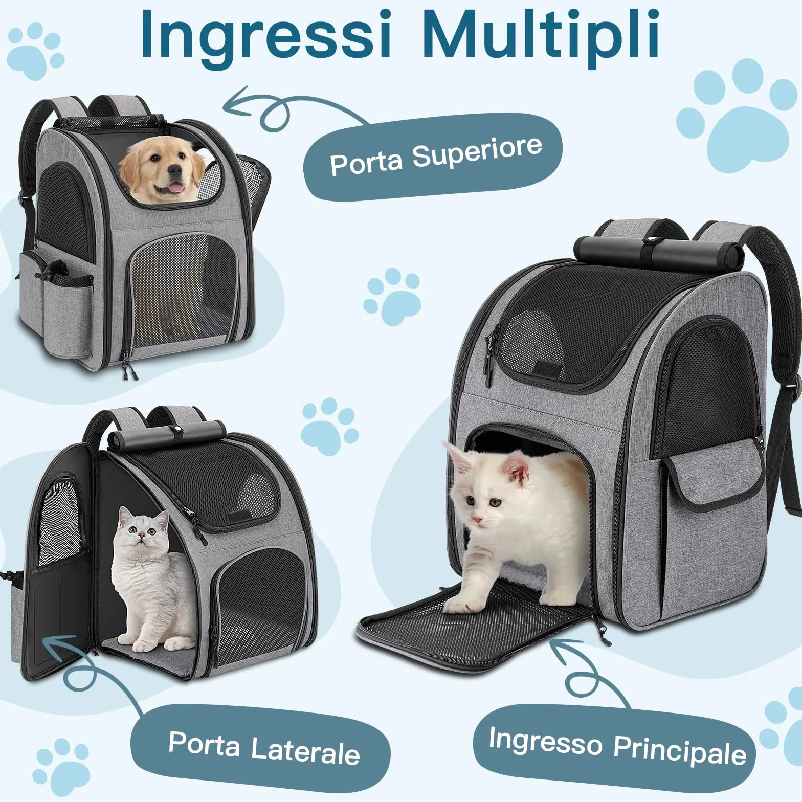 Zaino per Cani Gatti 10 kg Traspirante con Finestra a Rete e Guinzaglio Interno - Grigio