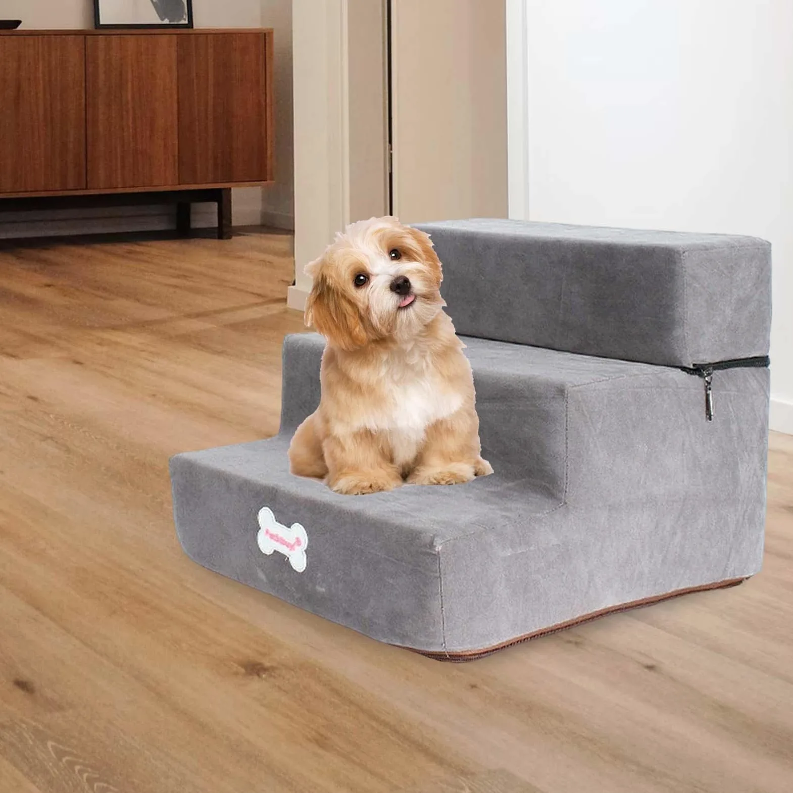 LOVIVER Morbido Cane Scale Scaletta Antiscivolo Rampa Giocattoli Spugna Lavabile Step 3 Rimovibile Cerniera Copertura per Vecchi Gatti Divano, Grigio Chiaro