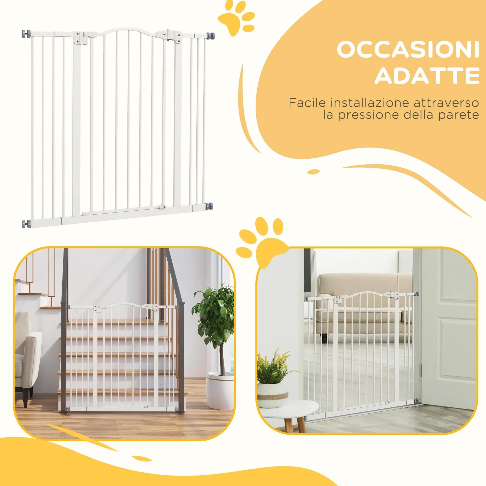 PawHut Cancelletto di Sicurezza per Cani, Barriera Estensibile 74-100 cm, Doppio Blocco, Chiusura Automatica, Bianco