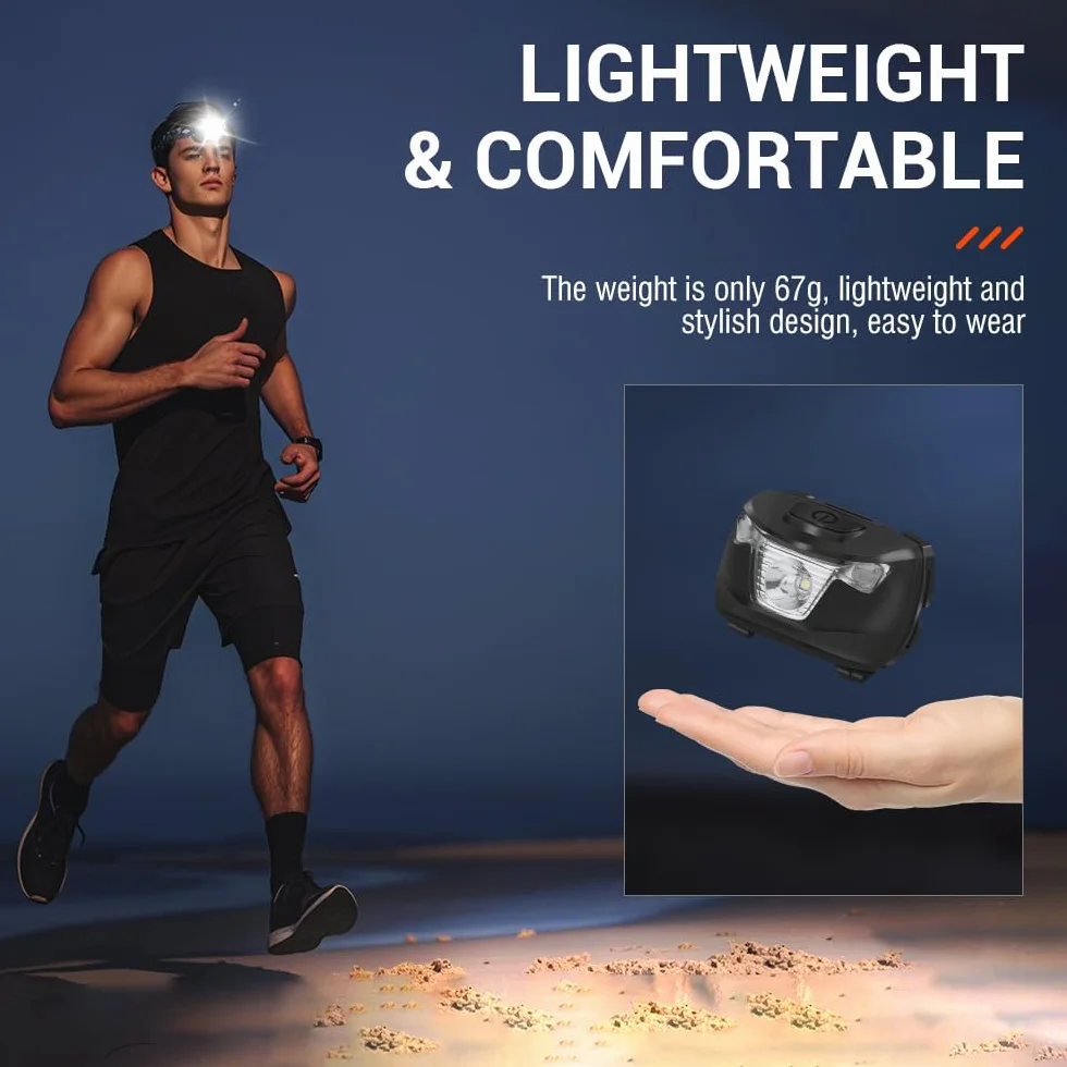 BORUIT BR01 Czołówka LED Czerwone Światło AAA Bateria IP66 Wodoodporna Latarka Czołowa 4 Tryby do Biegania Pracy Trekking