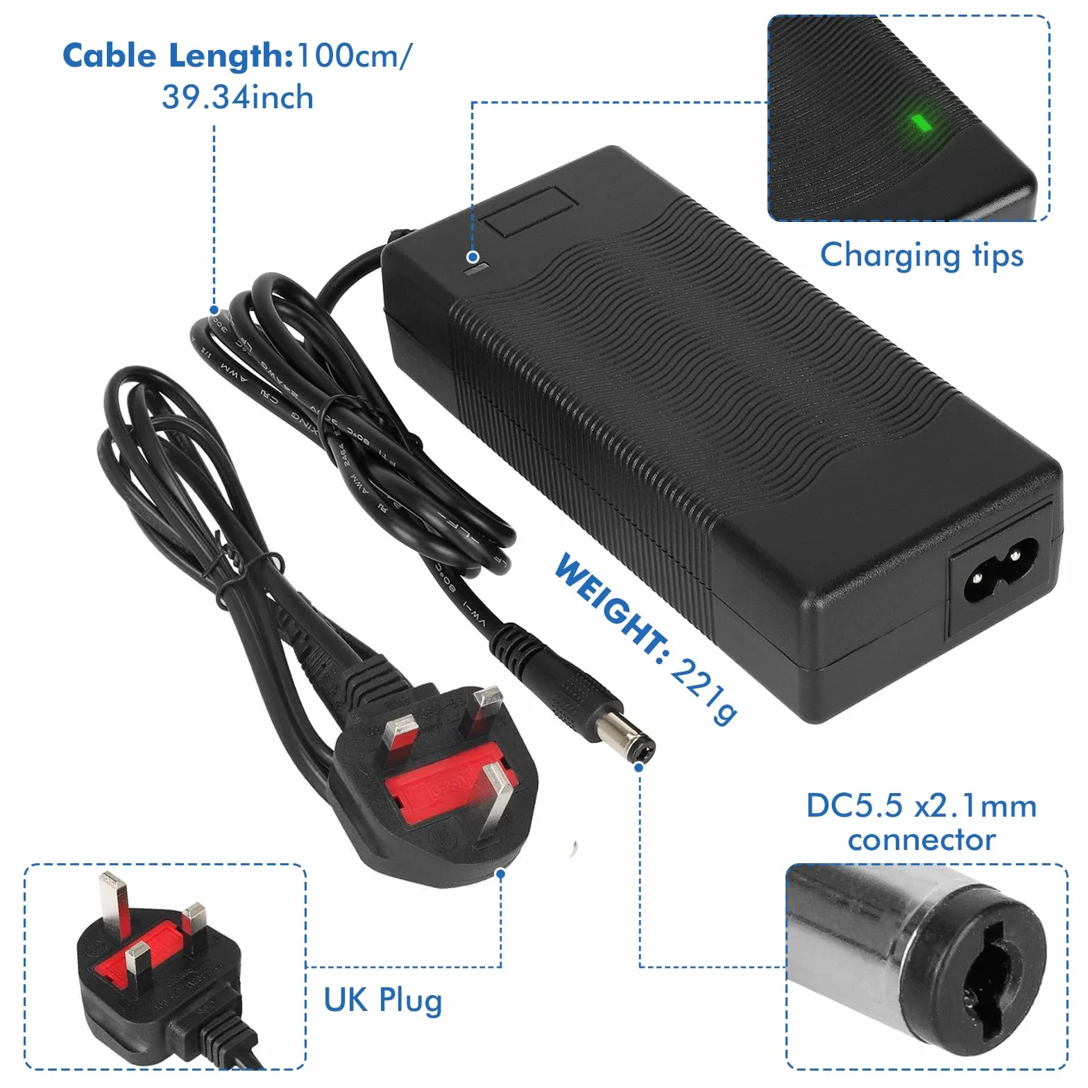 Caricatore Universale 42V 2A per Scooter Elettrico, Hoverboard, Xiaomi Ninebot con 6 Connettori