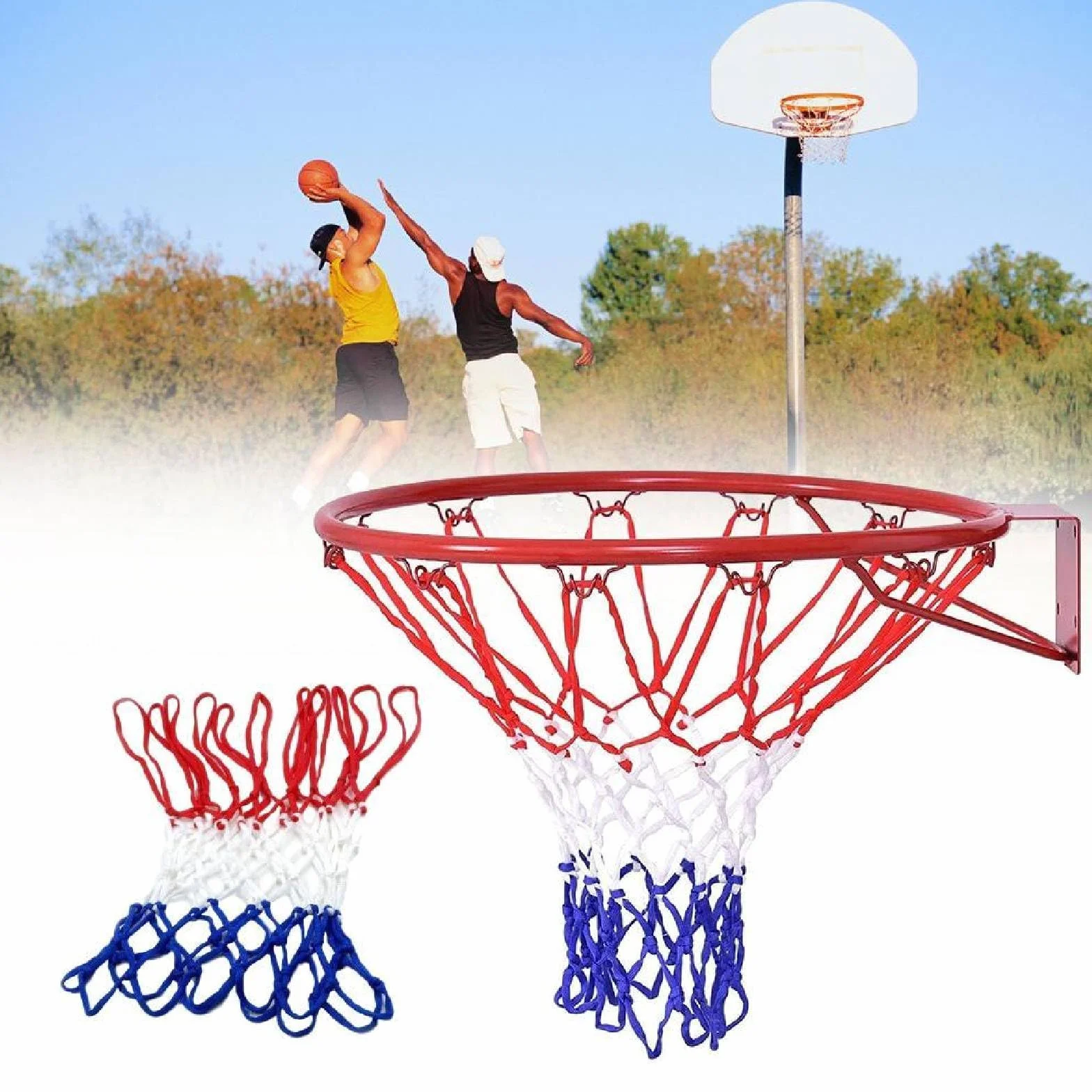 Rete di ricambio per canestro da basket in nylon intrecciato rosso/bianco/blu tricolore, 12 passanti