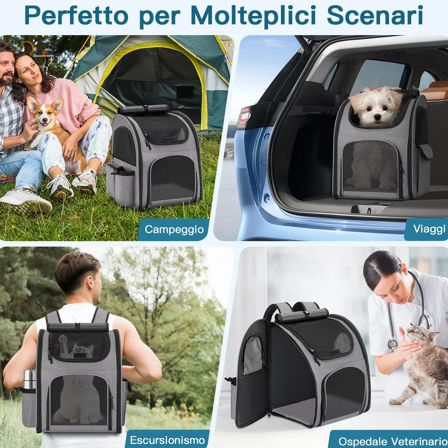 Zaino per Cani Gatti 10 kg Traspirante con Finestra a Rete e Guinzaglio Interno - Grigio