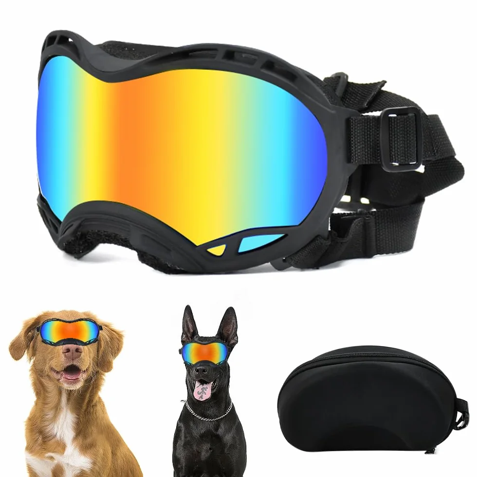 Occhiali da Sole per Cani con Scatola per Occhiali da Sci, Occhiali per Cani con Cinturini Regolabili Occhiali UV per Animali Domestici Antivento per Cane Medio per Neve/Attività all'Aperto
