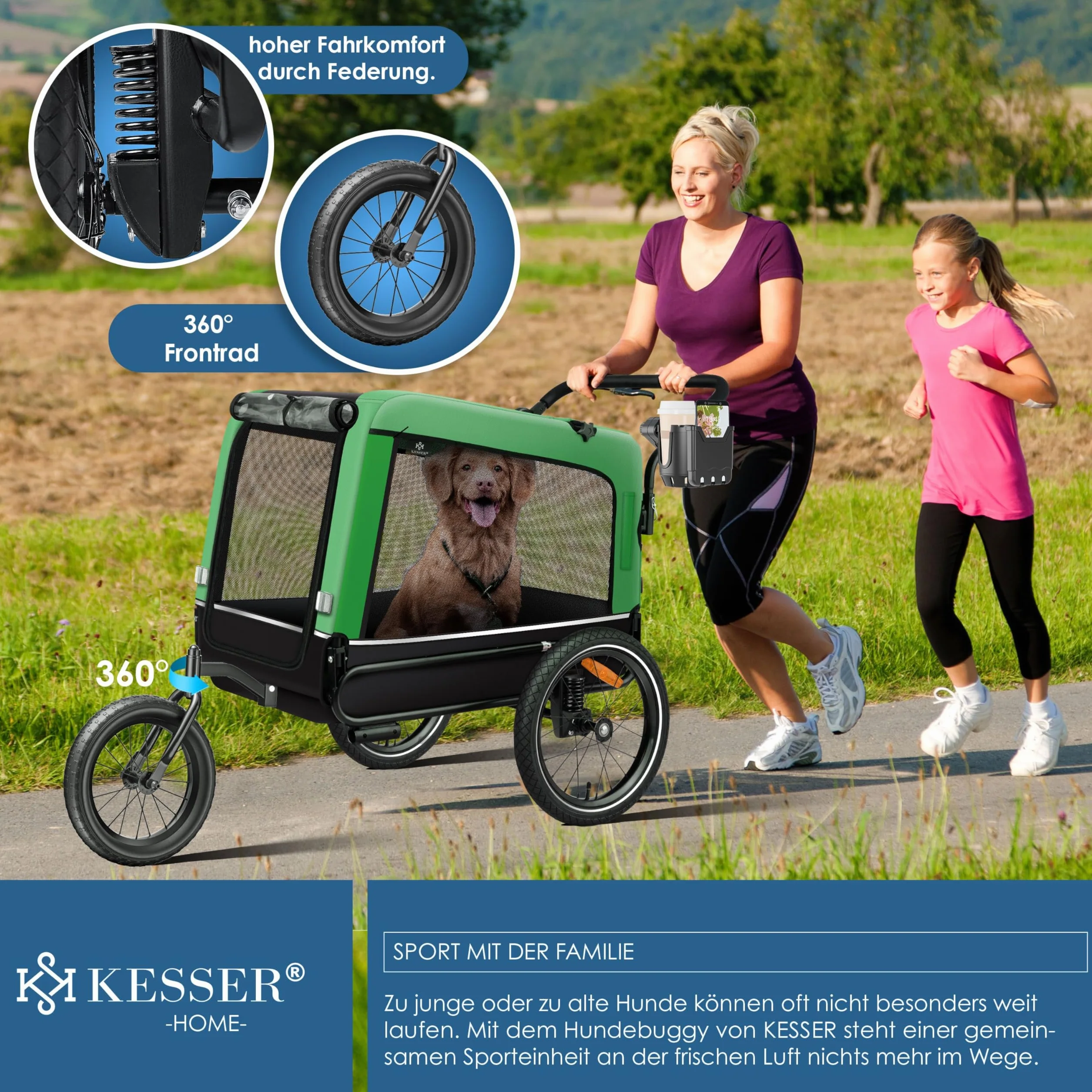 KESSER® Boxer 3-in-1 Rimorchio per Cani, circa 240 Litri di Volume, Tela Oxford 600D, SmartSpace Concept, max. 40 kg incluso Supporto per Bevande e Smartphone, molleggiato