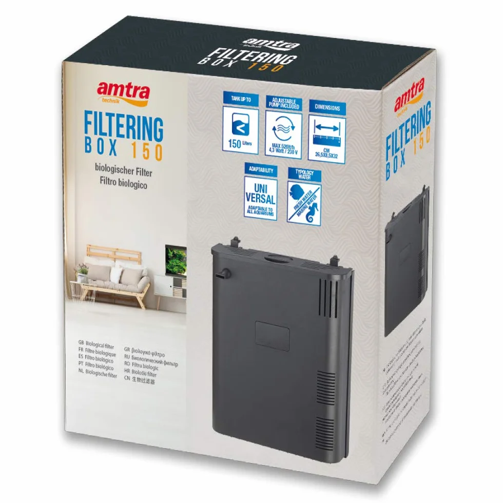 AMTRA FILTERING BOX BLACK 150 - Filtro interno biologico per acquari con pompa 520 lt/h e materiali filtranti professionali