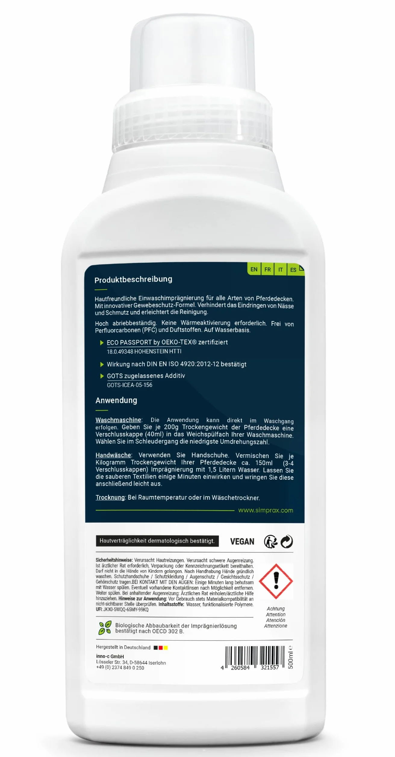 Detergente Impermeabilizzante per Coperte Cavallo & Tappeti da Sella - Senza PFC, Certificato OEKO-TEX & V-Label - Protezione Tessile Traspirante & Ecologica - Lavaggio a Mano/Macchina 500ml
