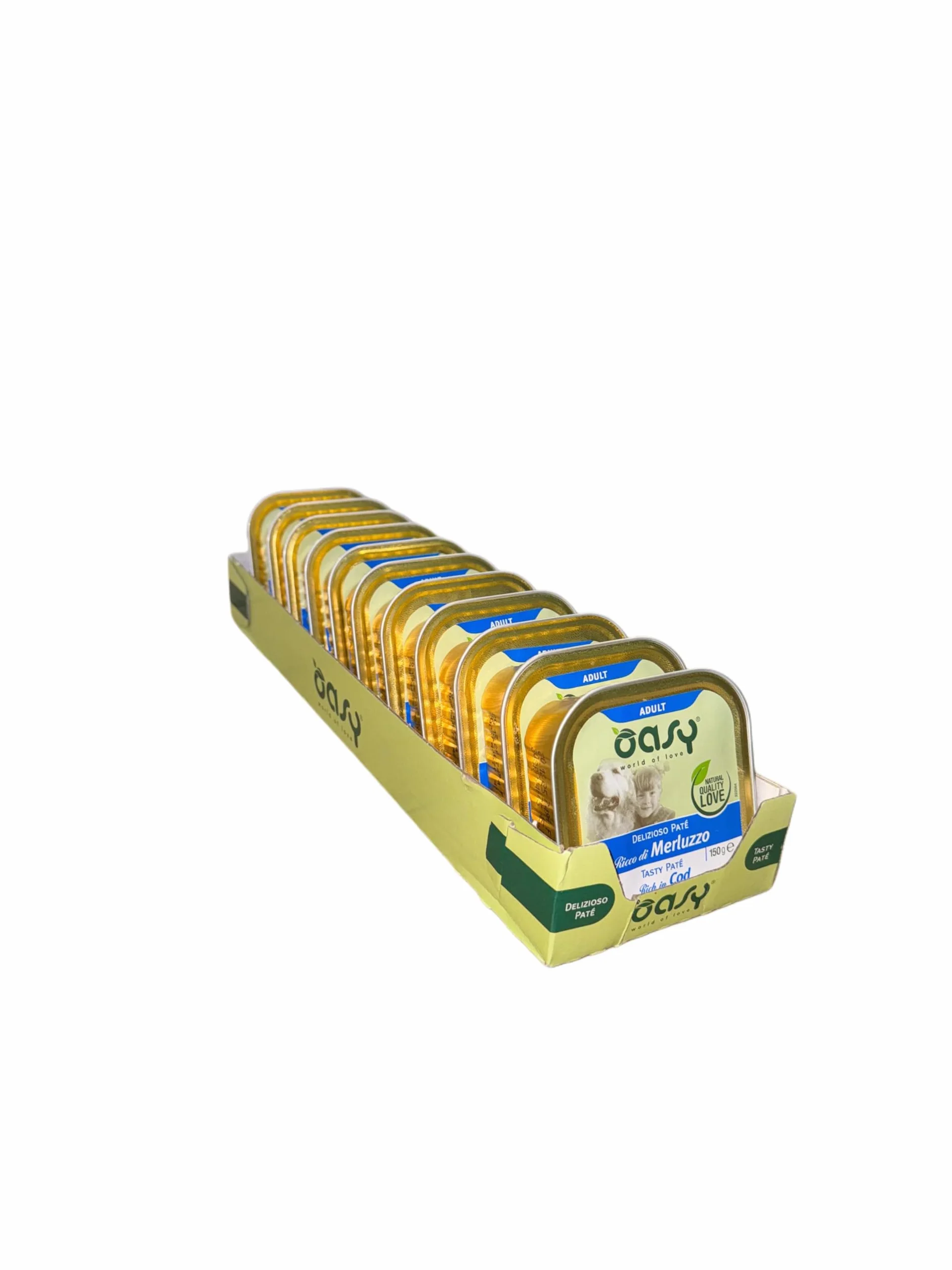 Oasy delizioso patè per cani adulti di tutte le taglie, gusto MERLUZZO | 11 vaschette da 150 grammi l'una.