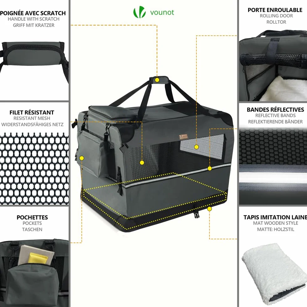 VOUNOT® Trasportino per Cani Gatti Borsa da Trasporto Pieghevole 60x44x44cm Grigio