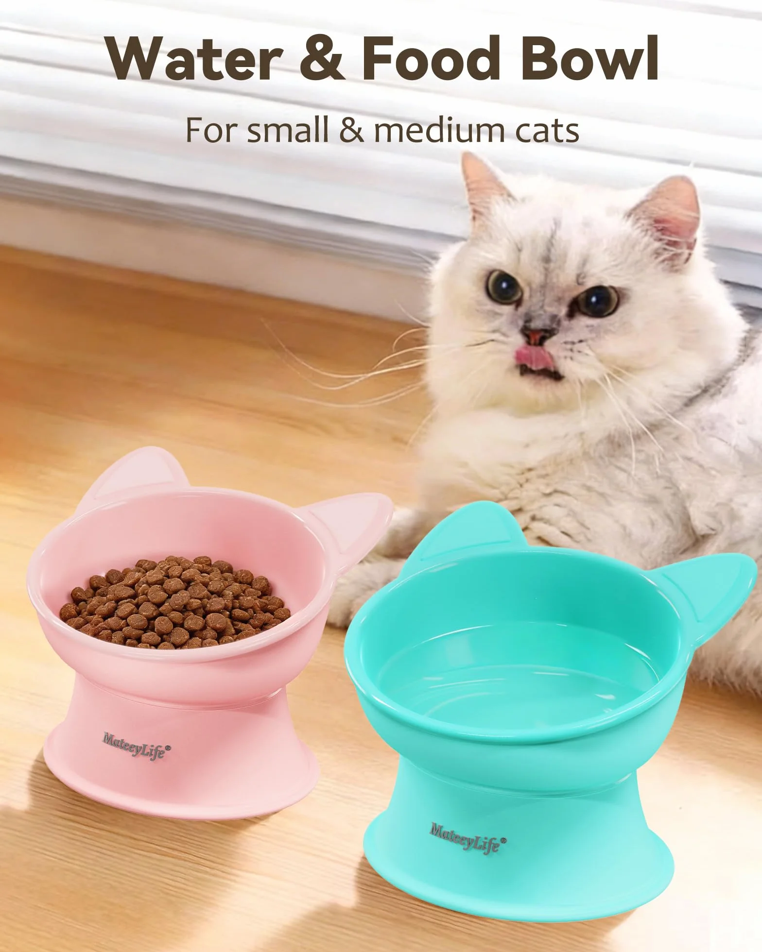 MateeyLife Ciotole per Gatti Rialzate, Set da 2 Ciotole Rialzate per Gatti con 15 Gradi, Ciotola Rialzata per Gatti da Interno e Cani di Piccola Taglia, Anti-affaticamento dei Baffi,Rosa & Verde