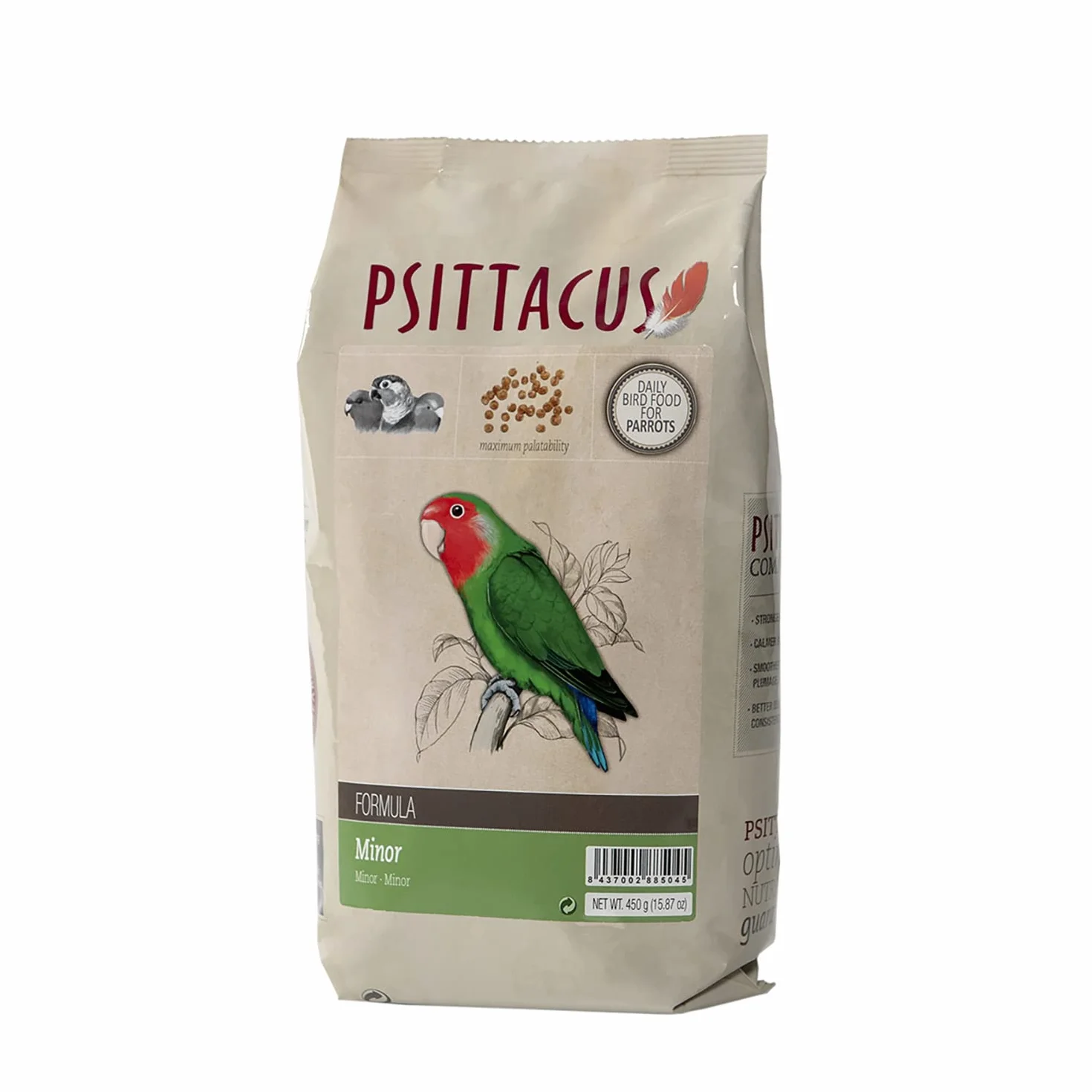 Psittacus Minor 450 g | Mangime completo per Agapornis, Forpus e Pyrrhura | Alimento premium per uccelli, 100% no-GMO