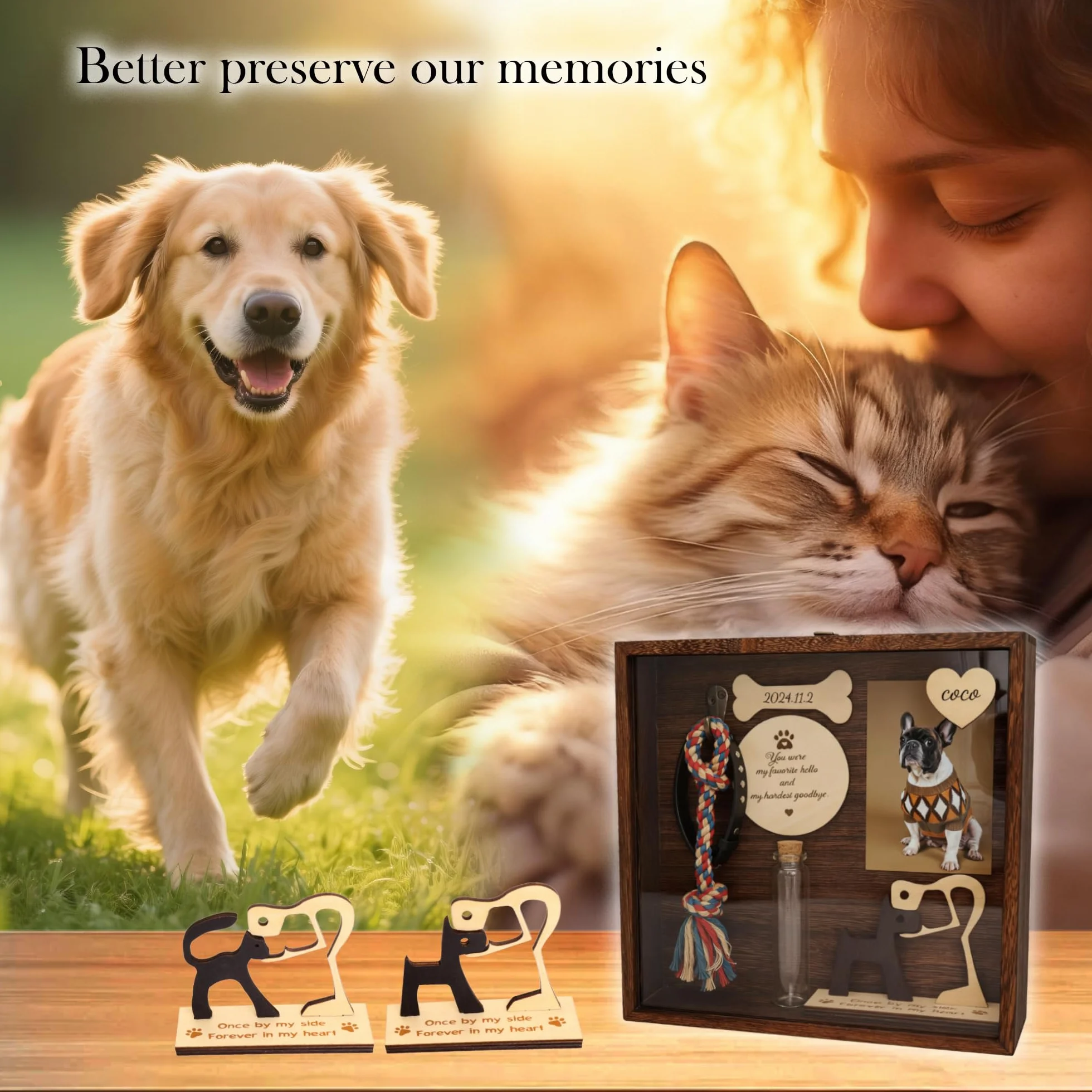 Scatola commemorativa Animali Domestici 8,6''-Porta Collare Cornice Foto,Zampe,Scultura Legno Cani,Barattolo Peli di Animali Domestici,Regalo condoglianze degli,Appendere/Tavolo